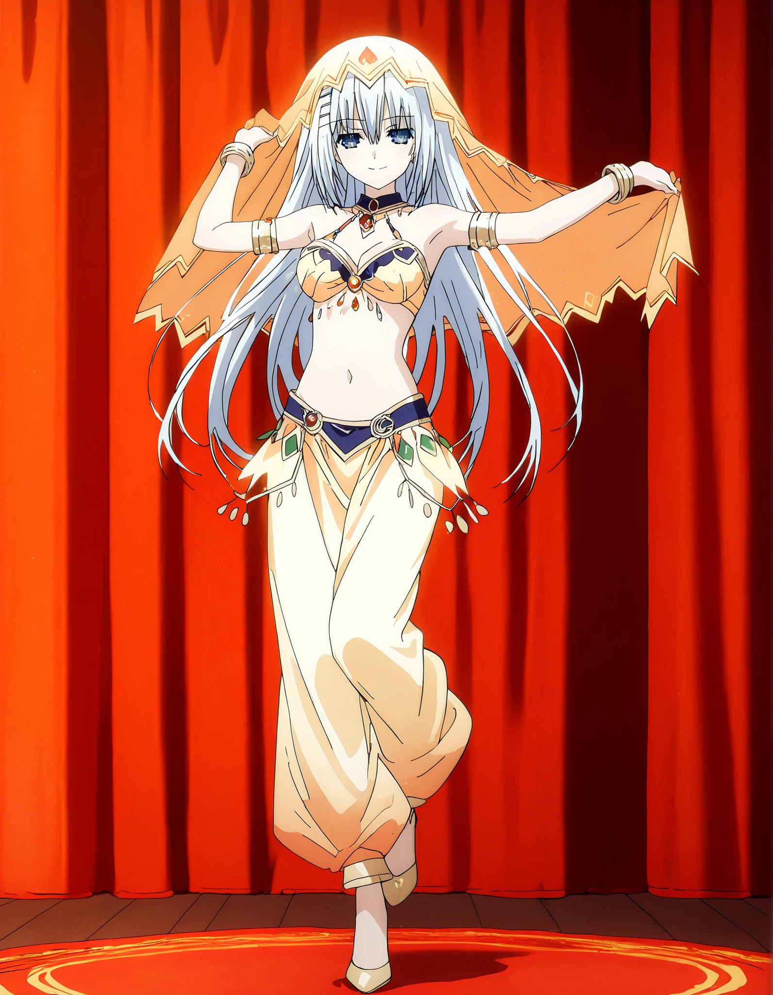(1girl:1 . 5) , (Seul:1 . 5) , score_9 , score_8_haut , score_7_haut , source_anime , Official work  , ultra-detailed , masterpiece , best quality , high resolution , beaux yeux , detailed eyes , Detailed face , beautiful detailed eyes,1girl, long hair, blue eyes, white hair,Date A Live,Origami Tobiichi,Arabian Clothes , Arabian Dancer Outfit ,belly dancer costume,belly dancer outfit ,full body,golden jewelery,armlet, belly dancing,arabian theater,seductive smile, dancing with veil, dynamic movement,dance posture, seductive pos