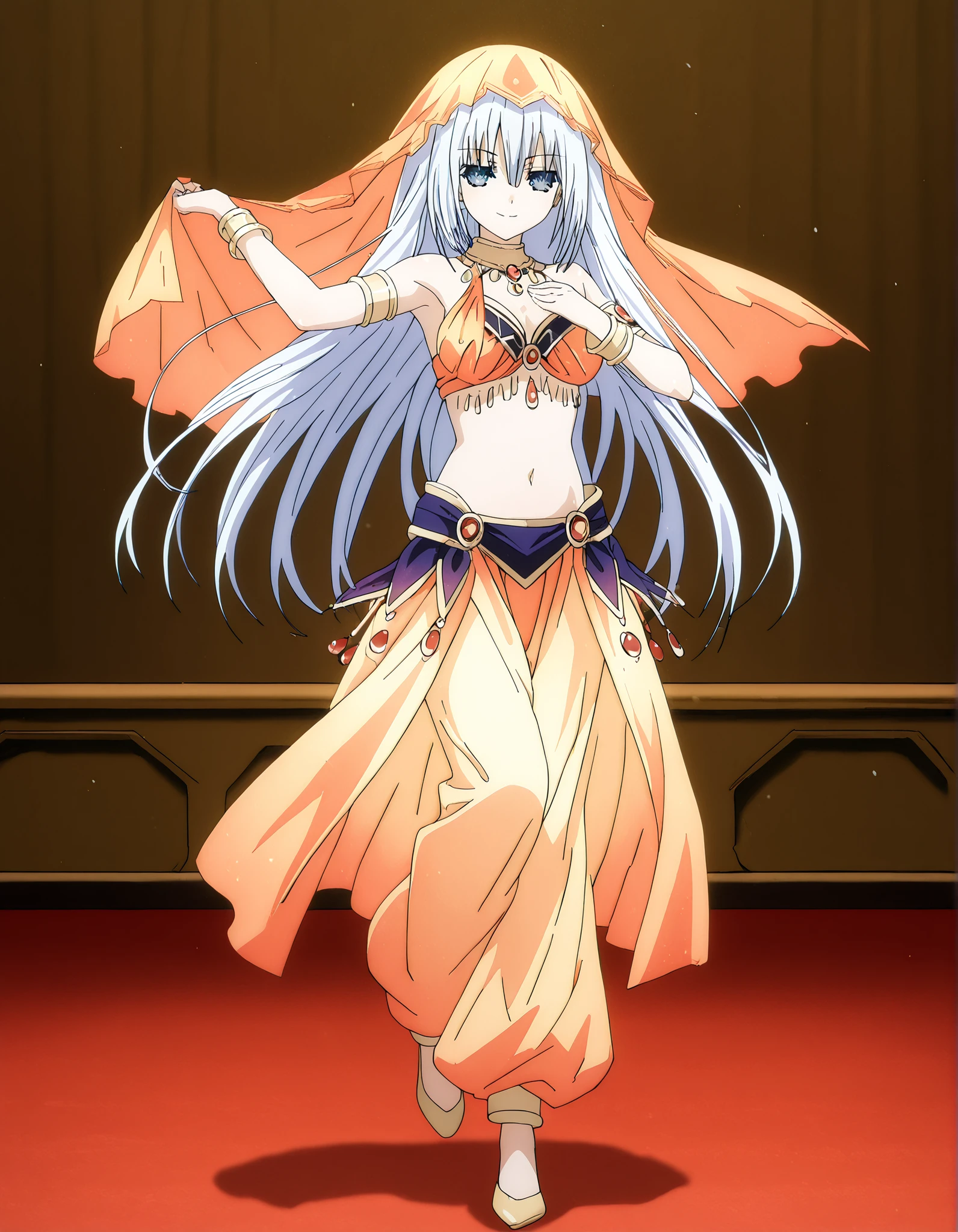 (1girl:1 . 5) , (Seul:1 . 5) , score_9 , score_8_haut , score_7_haut , source_anime , Official work  , ultra-detailed , masterpiece , best quality , high resolution , beaux yeux , detailed eyes , Detailed face , beautiful detailed eyes,1girl, long hair, blue eyes, white hair,Date A Live,Origami Tobiichi,Arabian Clothes , Arabian Dancer Outfit ,belly dancer costume,belly dancer outfit ,full body,golden jewelery,armlet, belly dancing,arabian theater,seductive smile, dancing with veil, dynamic movement,dance posture, seductive pos