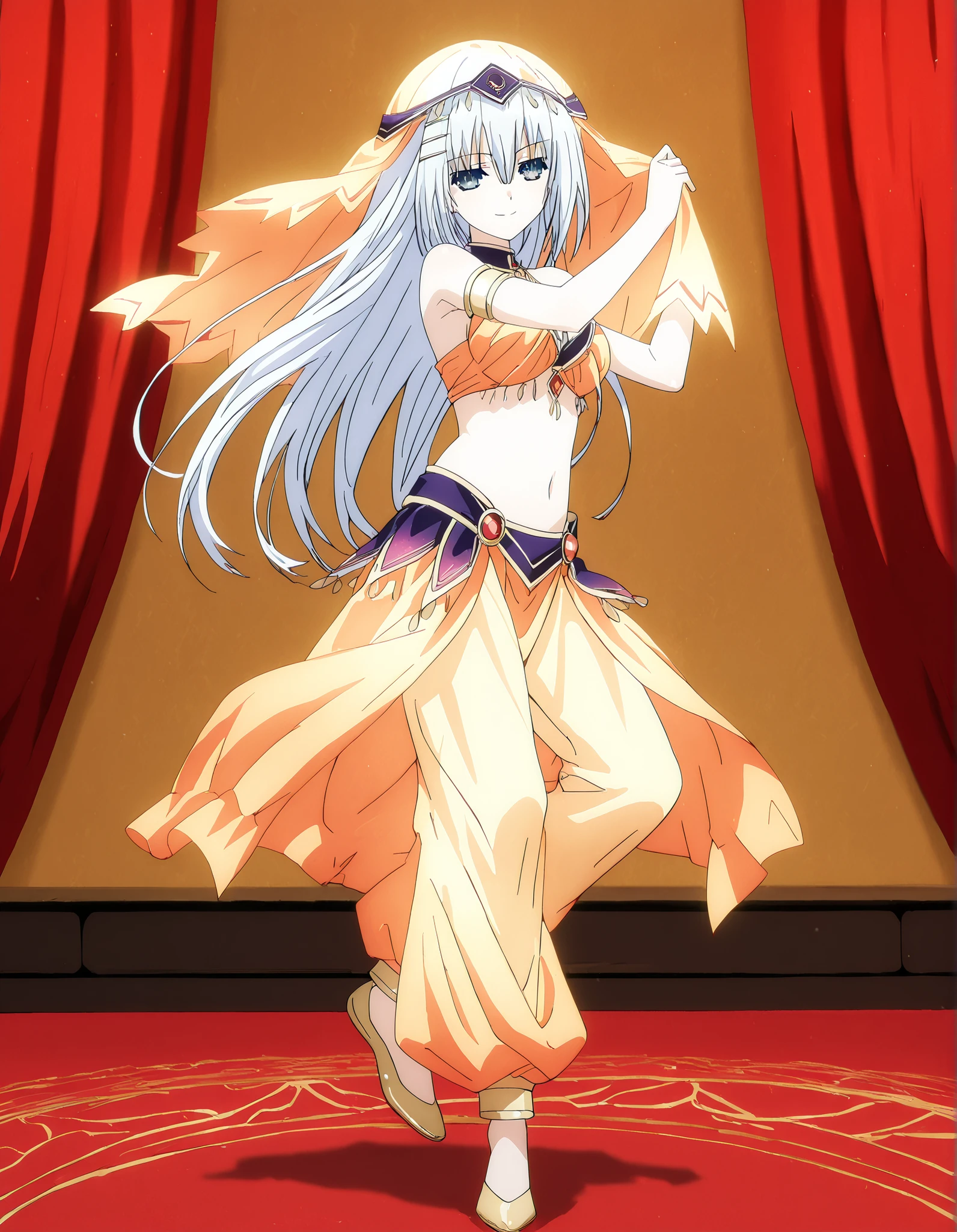 (1girl:1 . 5) , (Seul:1 . 5) , score_9 , score_8_haut , score_7_haut , source_anime , Official work  , ultra-detailed , masterpiece , best quality , high resolution , beaux yeux , detailed eyes , Detailed face , beautiful detailed eyes,1girl, long hair, blue eyes, white hair,Date A Live,Origami Tobiichi,Arabian Clothes , Arabian Dancer Outfit ,belly dancer costume,belly dancer outfit ,full body,golden jewelery,armlet, belly dancing,arabian theater,seductive smile, dancing with veil, dynamic movement,dance posture, seductive pos