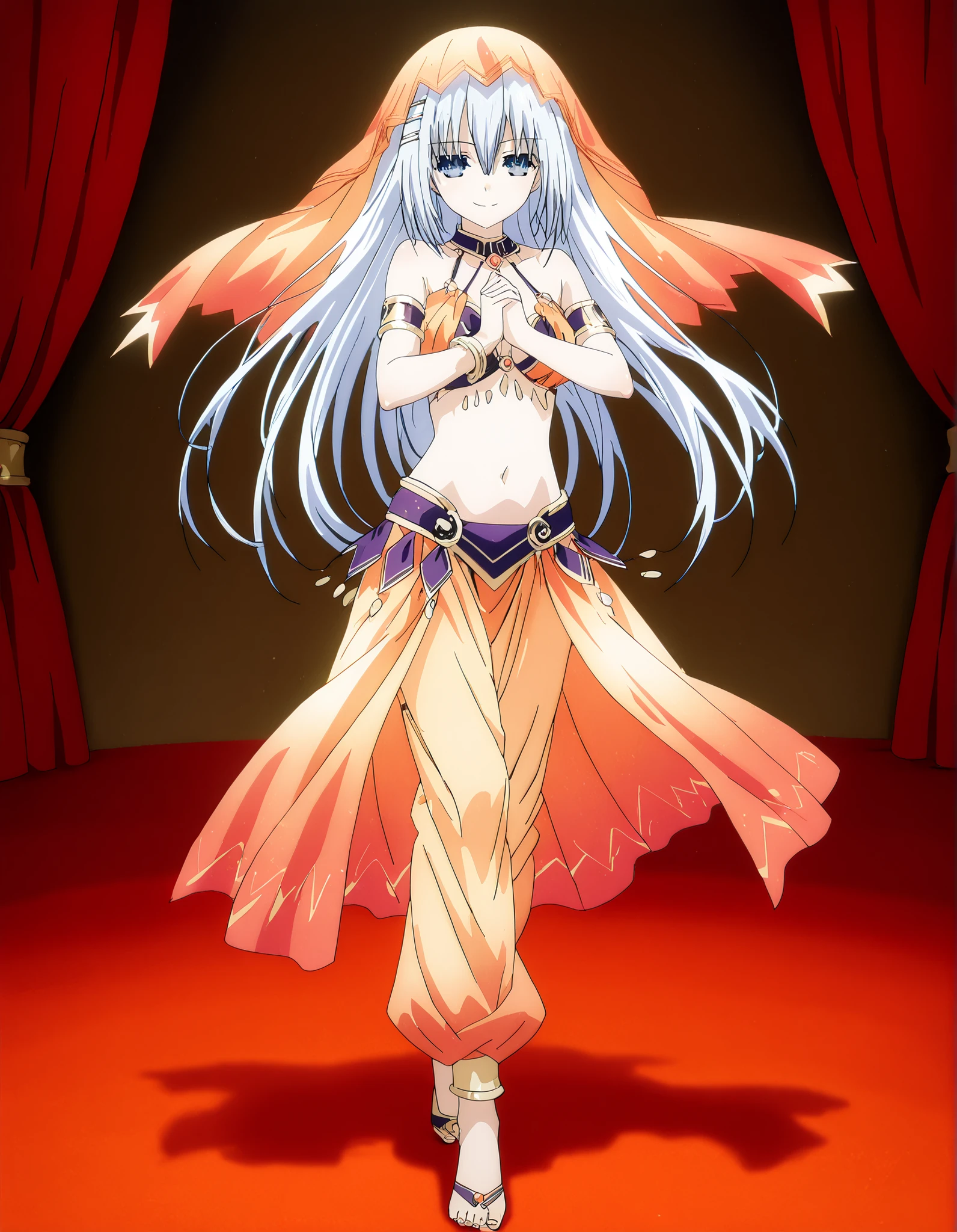 (1girl:1 . 5) , (Seul:1 . 5) , score_9 , score_8_haut , score_7_haut , source_anime , Official work  , ultra-detailed , masterpiece , best quality , high resolution , beaux yeux , detailed eyes , Detailed face , beautiful detailed eyes,1girl, long hair, blue eyes, white hair,Date A Live,Origami Tobiichi,Arabian Clothes , Arabian Dancer Outfit ,belly dancer costume,belly dancer outfit ,full body,golden jewelery,armlet, belly dancing,arabian theater,seductive smile, dancing with veil, dynamic movement,dance posture, seductive pos