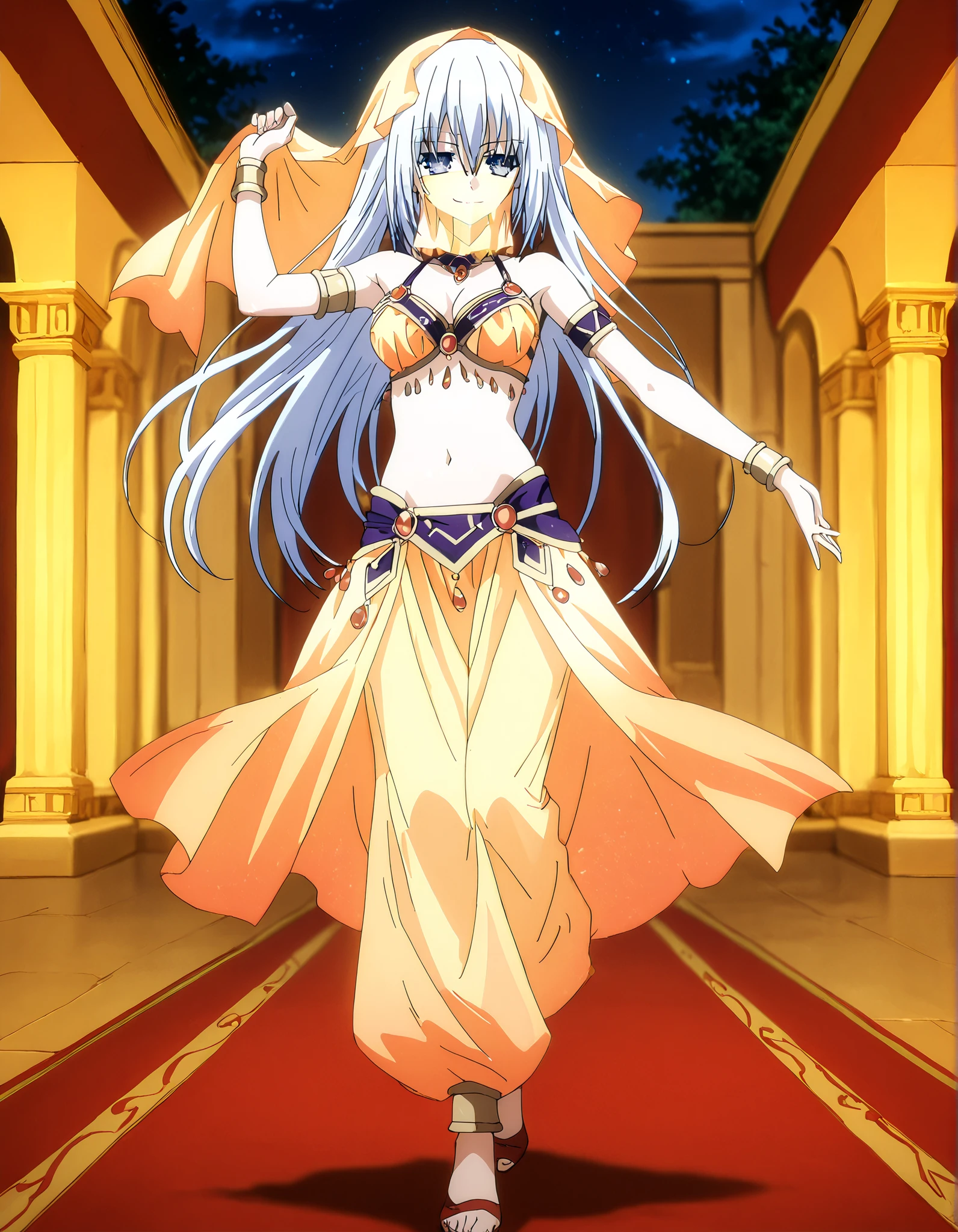 (1girl:1 . 5) , (Seul:1 . 5) , score_9 , score_8_haut , score_7_haut , source_anime , Official work  , ultra-detailed , masterpiece , best quality , high resolution , beaux yeux , detailed eyes , Detailed face , beautiful detailed eyes,1girl, long hair, blue eyes, white hair,Date A Live,Origami Tobiichi,Arabian Clothes , Arabian Dancer Outfit ,belly dancer costume,belly dancer outfit ,full body,golden jewelery,mouth veil,armlet, belly dancing,night,arabian garden,seductive smile, dancing with veil, dynamic movement,dance posture, seductive pose