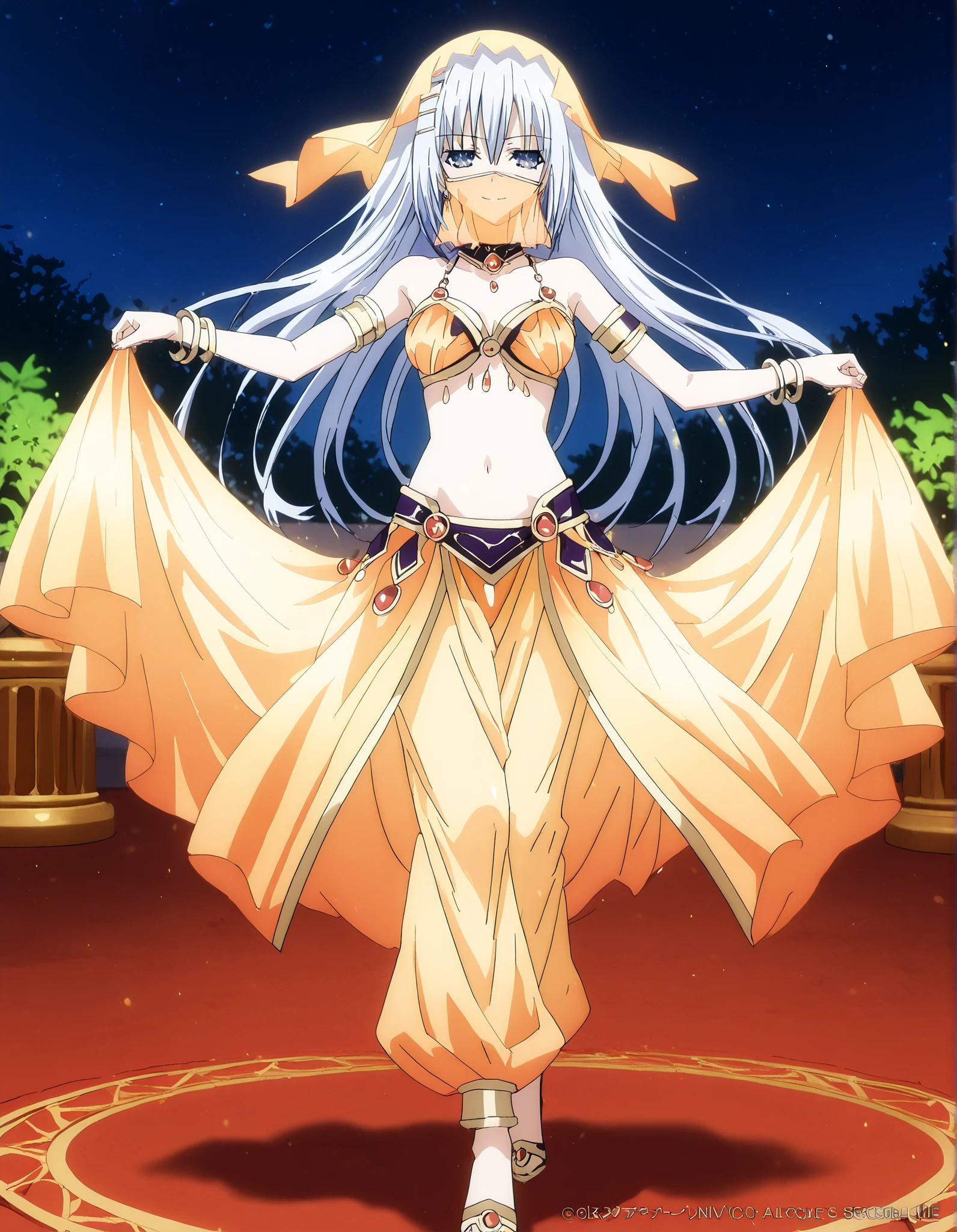 (1girl:1 . 5) , (Seul:1 . 5) , score_9 , score_8_haut , score_7_haut , source_anime , Official work  , ultra-detailed , masterpiece , best quality , high resolution , beaux yeux , detailed eyes , Detailed face , beautiful detailed eyes,1girl, long hair, blue eyes, white hair,Date A Live,Origami Tobiichi,Arabian Clothes , Arabian Dancer Outfit ,belly dancer costume,belly dancer outfit ,full body,golden jewelery,mouth veil,armlet, belly dancing,night,arabian garden,seductive smile, dancing with veil, dynamic movement,dance posture, seductive pose
