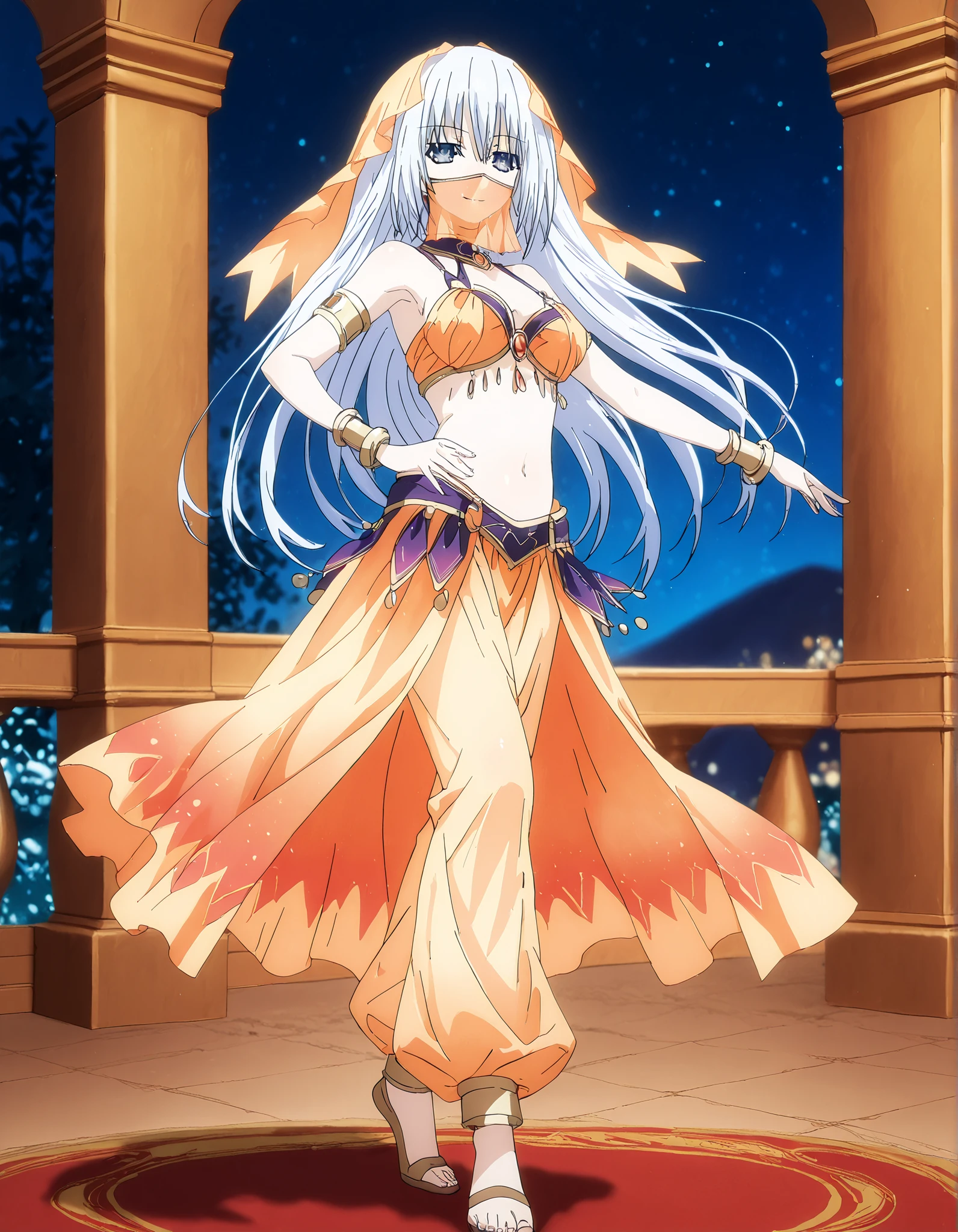 (1girl:1 . 5) , (Seul:1 . 5) , score_9 , score_8_haut , score_7_haut , source_anime , Official work  , ultra-detailed , masterpiece , best quality , high resolution , beaux yeux , detailed eyes , Detailed face , beautiful detailed eyes,1girl, long hair, blue eyes, white hair,Date A Live,Origami Tobiichi,Arabian Clothes , Arabian Dancer Outfit ,belly dancer costume,belly dancer outfit ,full body,golden jewelery,mouth veil,armlet, belly dancing,night,arabian garden,seductive smile, dancing with veil, dynamic movement,dance posture, seductive pose