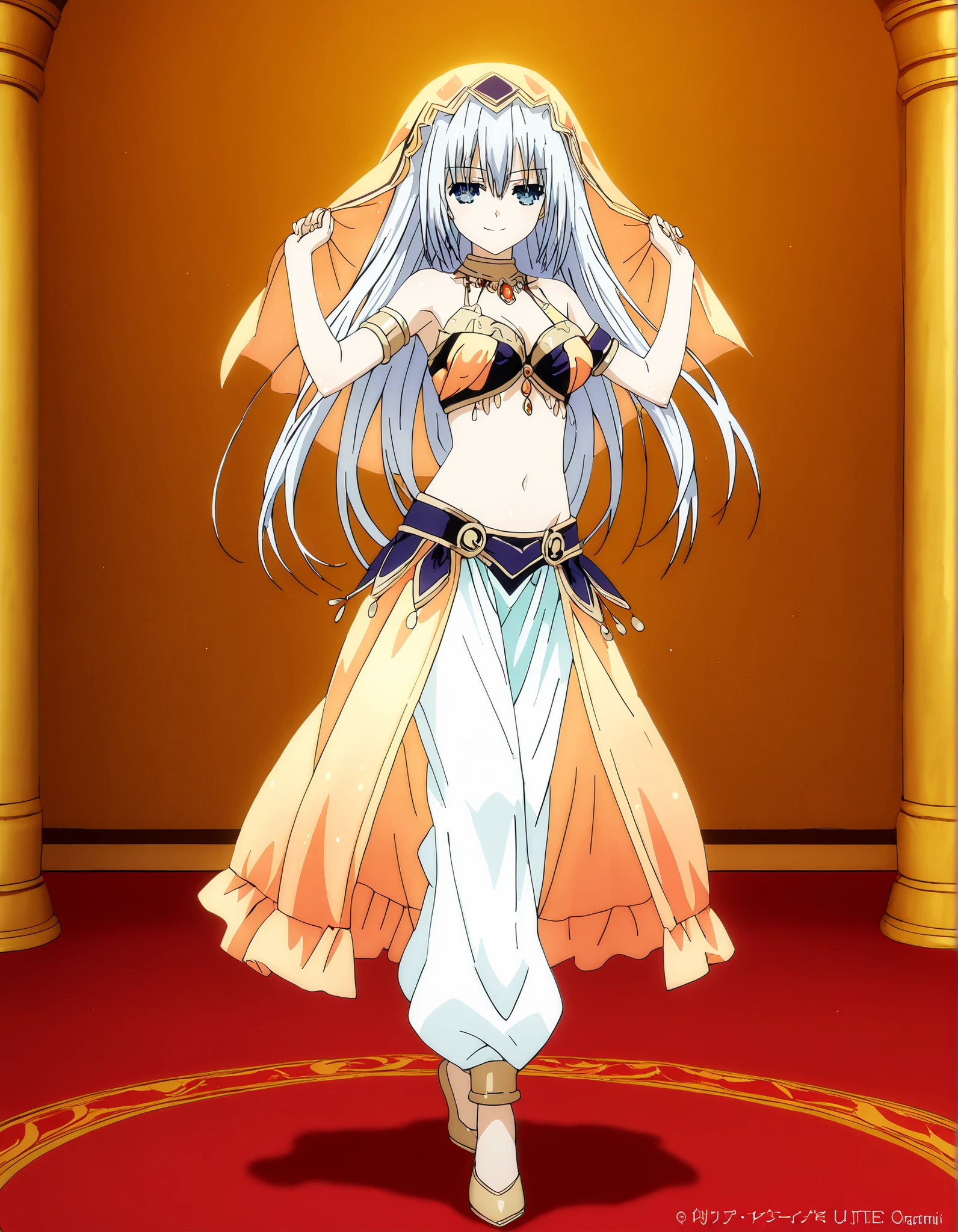 (1girl:1 . 5) , (Seul:1 . 5) , score_9 , score_8_haut , score_7_haut , source_anime , Official work  , ultra-detailed , masterpiece , best quality , high resolution , beaux yeux , detailed eyes , Detailed face , beautiful detailed eyes,1girl, long hair, blue eyes, white hair,Date A Live,Origami Tobiichi,Arabian Clothes , Arabian Dancer Outfit ,belly dancer costume,belly dancer outfit ,full body,golden jewelery,armlet, belly dancing,arabian garden,seductive smile, dancing with veil, dynamic movement,dance posture, seductive pose