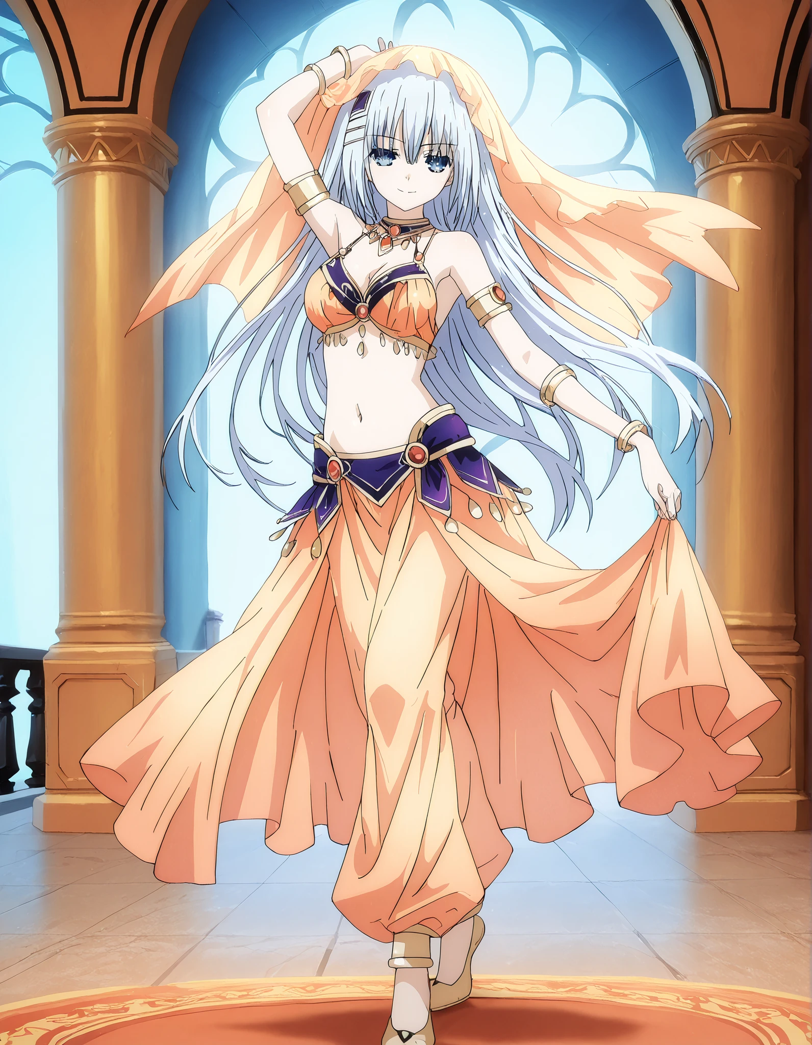 (1girl:1 . 5) , (Seul:1 . 5) , score_9 , score_8_haut , score_7_haut , source_anime , Official work  , ultra-detailed , masterpiece , best quality , high resolution , beaux yeux , detailed eyes , Detailed face , beautiful detailed eyes,1girl, long hair, blue eyes, white hair,Date A Live,Origami Tobiichi,Arabian Clothes , Arabian Dancer Outfit ,belly dancer costume,belly dancer outfit ,full body,golden jewelery,armlet, belly dancing,arabian garden,seductive smile, dancing with veil, dynamic movement,dance posture, seductive pose