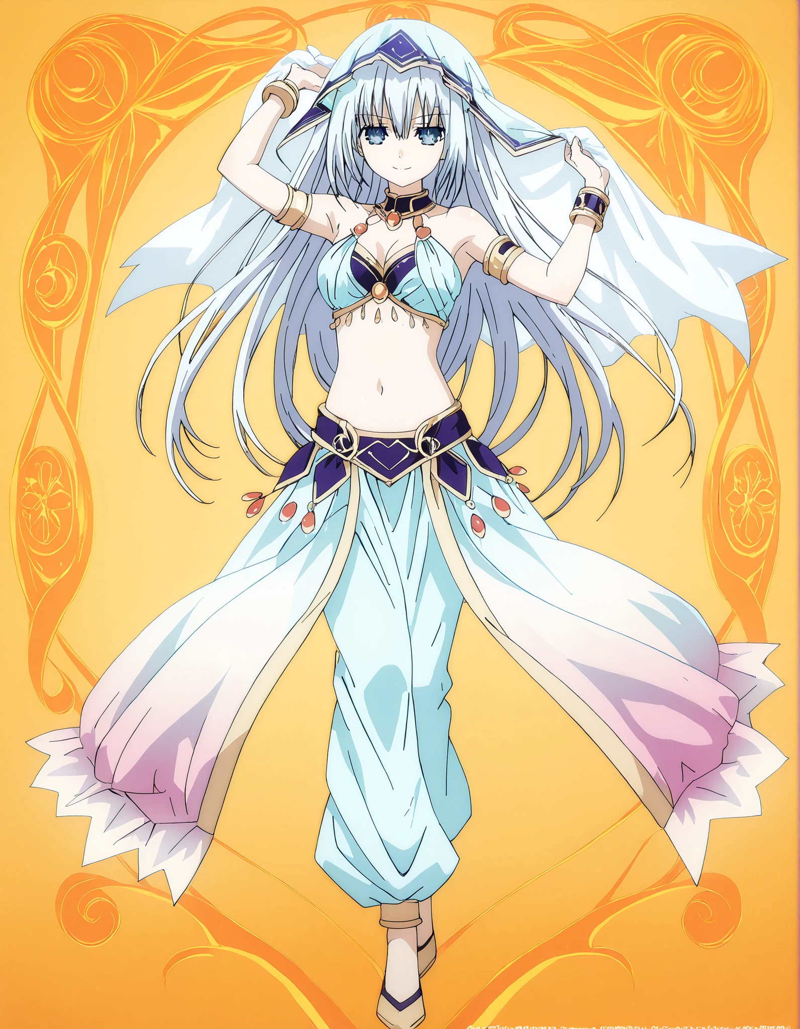 (1girl:1 . 5) , (Seul:1 . 5) , score_9 , score_8_haut , score_7_haut , source_anime , Official work  , ultra-detailed , masterpiece , best quality , high resolution , beaux yeux , detailed eyes , Detailed face , beautiful detailed eyes,1girl, long hair, blue eyes, white hair,Date A Live,Origami Tobiichi,Arabian Clothes , Arabian Dancer Outfit ,belly dancer costume,belly dancer outfit ,full body,golden jewelery,armlet, belly dancing,arabian garden,seductive smile, dancing with veil, dynamic movement,dance posture, seductive pose