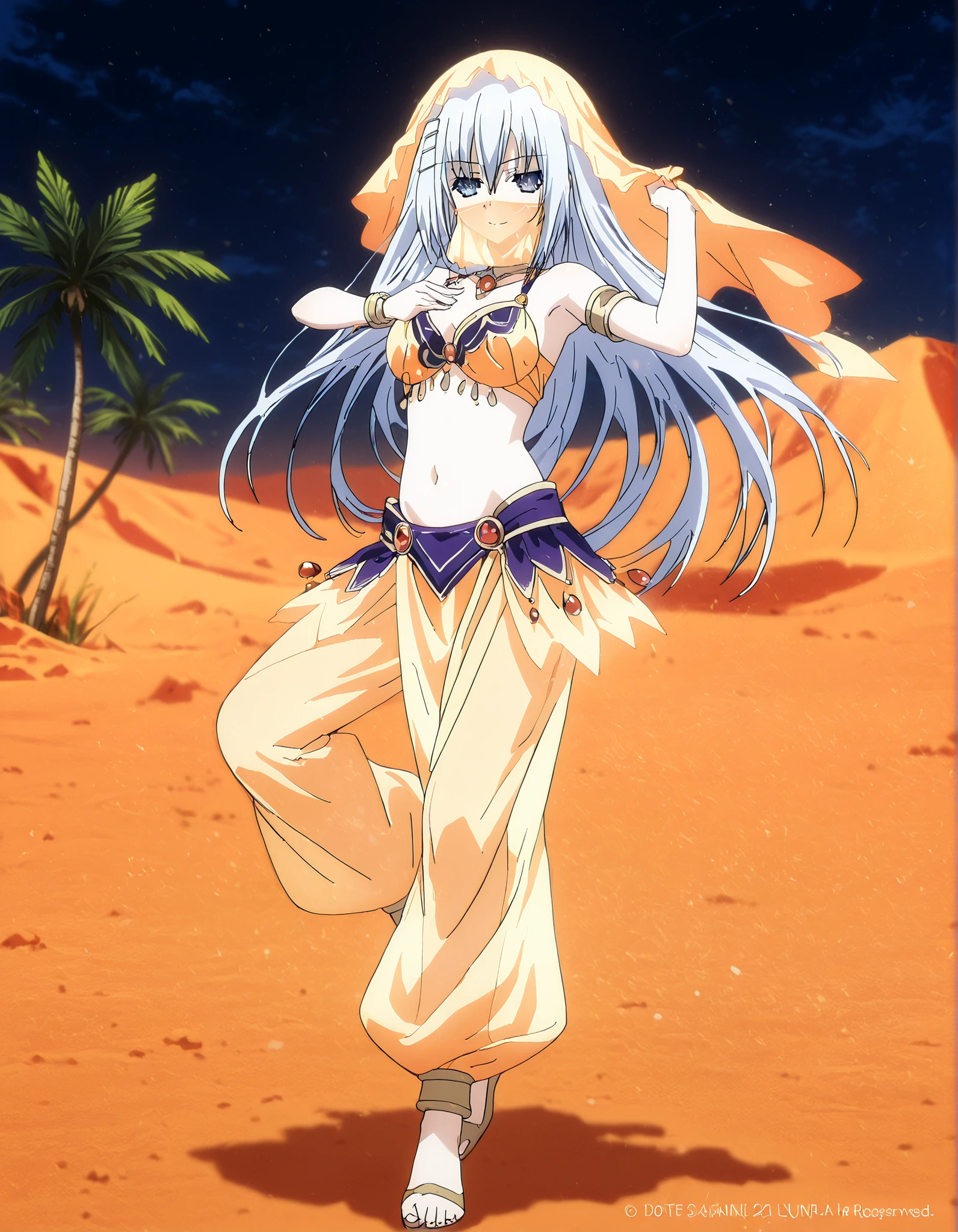 (1girl:1 . 5) , (Seul:1 . 5) , score_9 , score_8_haut , score_7_haut , source_anime , Official work  , ultra-detailed , masterpiece , best quality , high resolution , beaux yeux , detailed eyes , Detailed face , beautiful detailed eyes,1girl, long hair, blue eyes, white hair,Date A Live,Origami Tobiichi,Arabian Clothes , Arabian Dancer Outfit ,belly dancer costume,belly dancer outfit ,full body,golden jewelery,mouth veil,armlet, belly dancing,night,desert lands,palm tree,seductive smile, dancing with veil, dynamic movement,dance posture, seductive pose