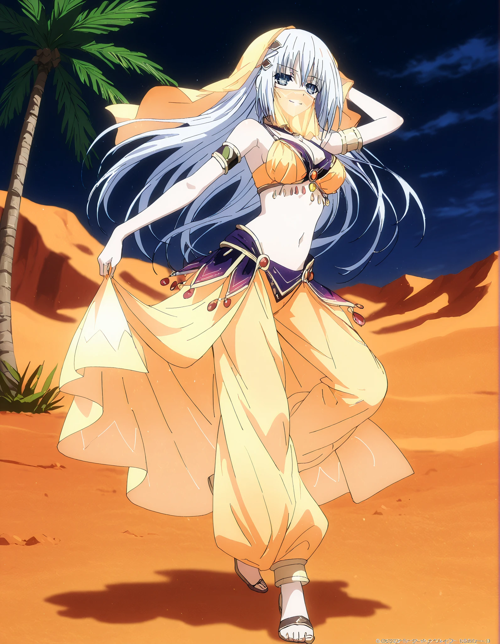 (1girl:1 . 5) , (Seul:1 . 5) , score_9 , score_8_haut , score_7_haut , source_anime , Official work  , ultra-detailed , masterpiece , best quality , high resolution , beaux yeux , detailed eyes , Detailed face , beautiful detailed eyes,1girl, long hair, blue eyes, white hair,Date A Live,Origami Tobiichi,Arabian Clothes , Arabian Dancer Outfit ,belly dancer costume,belly dancer outfit ,full body,golden jewelery,mouth veil,armlet, belly dancing,night,desert lands,palm tree,seductive smile, dancing with veil, dynamic movement,dance posture, seductive pose
