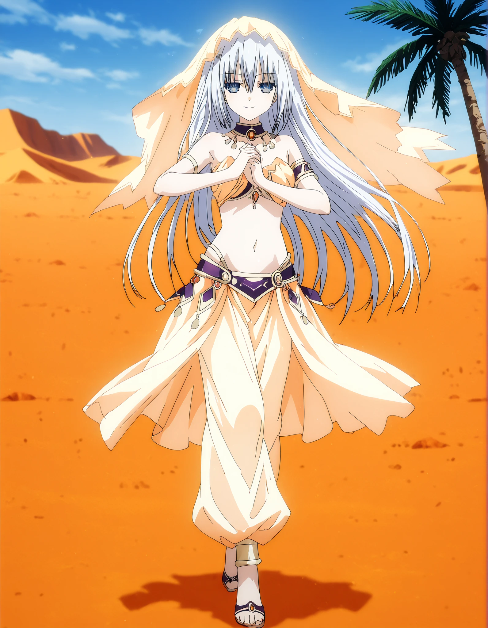 (1girl:1 . 5) , (Seul:1 . 5) , score_9 , score_8_haut , score_7_haut , source_anime , Official work  , ultra-detailed , masterpiece , best quality , high resolution , beaux yeux , detailed eyes , Detailed face , beautiful detailed eyes,1girl, long hair, blue eyes, white hair,Date A Live,Origami Tobiichi,Arabian Clothes , Arabian Dancer Outfit ,belly dancer costume,belly dancer outfit ,full body,golden jewelery,armlet, belly dancing,desert lands,palm tree,seductive smile, dancing with veil, dynamic movement,dance posture, seductive pose