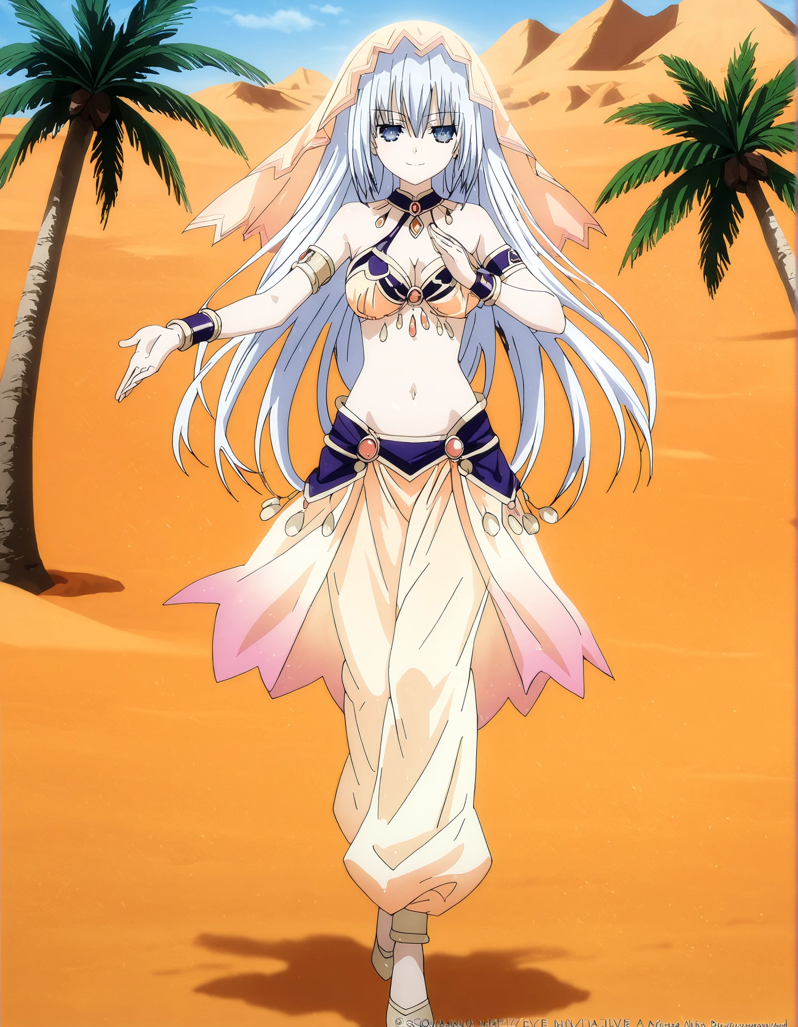 (1girl:1 . 5) , (Seul:1 . 5) , score_9 , score_8_haut , score_7_haut , source_anime , Official work  , ultra-detailed , masterpiece , best quality , high resolution , beaux yeux , detailed eyes , Detailed face , beautiful detailed eyes,1girl, long hair, blue eyes, white hair,Date A Live,Origami Tobiichi,Arabian Clothes , Arabian Dancer Outfit ,belly dancer costume,belly dancer outfit ,full body,golden jewelery,armlet, belly dancing,desert lands,palm tree,seductive smile, dancing with veil, dynamic movement,dance posture, seductive pose