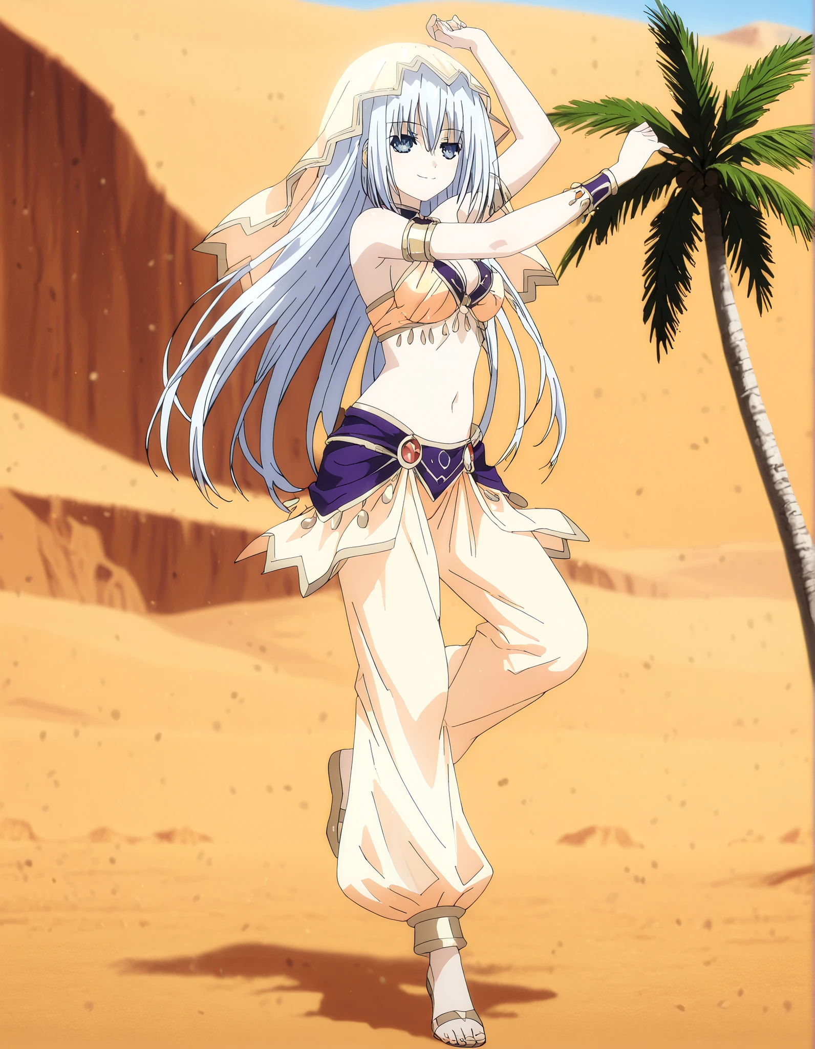(1girl:1 . 5) , (Seul:1 . 5) , score_9 , score_8_haut , score_7_haut , source_anime , Official work  , ultra-detailed , masterpiece , best quality , high resolution , beaux yeux , detailed eyes , Detailed face , beautiful detailed eyes,1girl, long hair, blue eyes, white hair,Date A Live,Origami Tobiichi,Arabian Clothes , Arabian Dancer Outfit ,belly dancer costume,belly dancer outfit ,full body,golden jewelery,armlet, belly dancing,desert lands,palm tree,seductive smile, dancing with veil, dynamic movement,dance posture, seductive pose