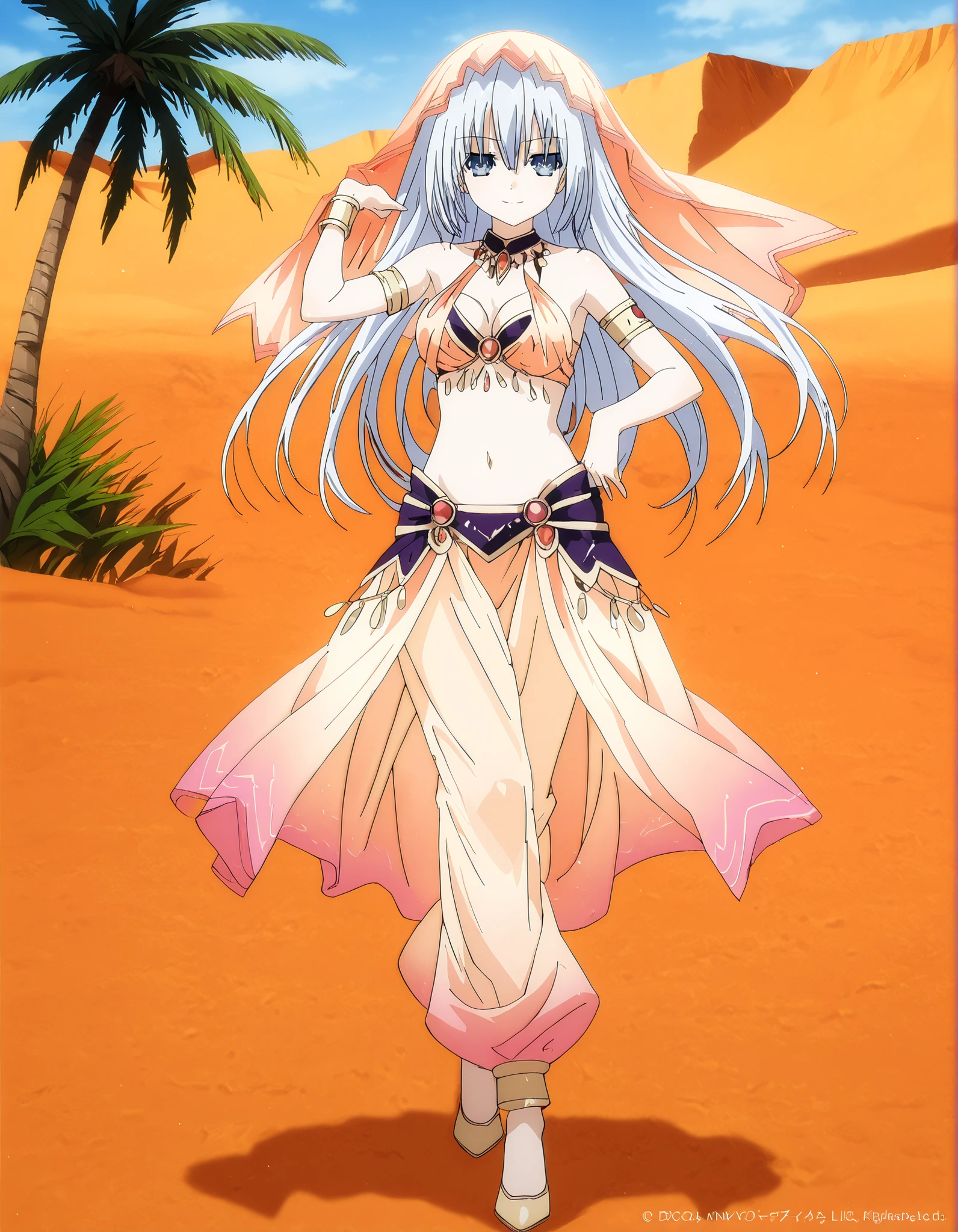 (1girl:1 . 5) , (Seul:1 . 5) , score_9 , score_8_haut , score_7_haut , source_anime , Official work  , ultra-detailed , masterpiece , best quality , high resolution , beaux yeux , detailed eyes , Detailed face , beautiful detailed eyes,1girl, long hair, blue eyes, white hair,Date A Live,Origami Tobiichi,Arabian Clothes , Arabian Dancer Outfit ,belly dancer costume,belly dancer outfit ,full body,golden jewelery,armlet, belly dancing,desert lands,palm tree,seductive smile, dancing with veil, dynamic movement,dance posture, seductive pose