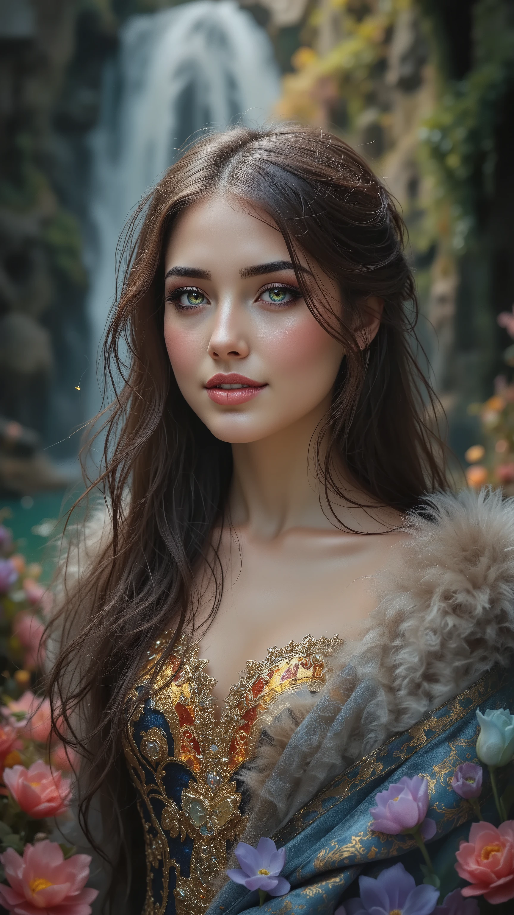 Ultra-realistic (photorealistic Realism) , "UHD, Hyper high resolution" - "(Hyper quality, intricately ultra-detailed digital art)" (Key Directive: - ("The priority is the anatomical accuracy and texture of the materials" - "Ultra-sharp human eyes with biological accuracy") (realistic texture details: velvety skin, hair), long Lashes: individual synthetic fibers (crosshatched roots:1 . 2 , clump-free separation), { "Eyes:(acid-resistant terminology) (macro-details:1.5): * Moist corneal surface (visible aqueous layer:1.2) * Hyper-detailed iris eyes (green) * Precise limbal ring (slightly darker pigmentation:1.3) * Pupil micro-texture (irregular edge authenticity:0.9) * Vasculature in sclera (subtle blue veins radiating from limbus)" } (Avoid: "pupil distortion , uncanny valley asymmetry , plastic-like wetness"),detailed portrait of a princess wearing a luxurious fur robe over a royal dress, she has a warm smile on her face, lush waterfall in the background, colorful flowers surrounding her, highly detailed, 8k, photorealistic, realistic lighting, professional digital art, dramatic fantasy style, oil painting, vibrant colors, intricate details, h4nd