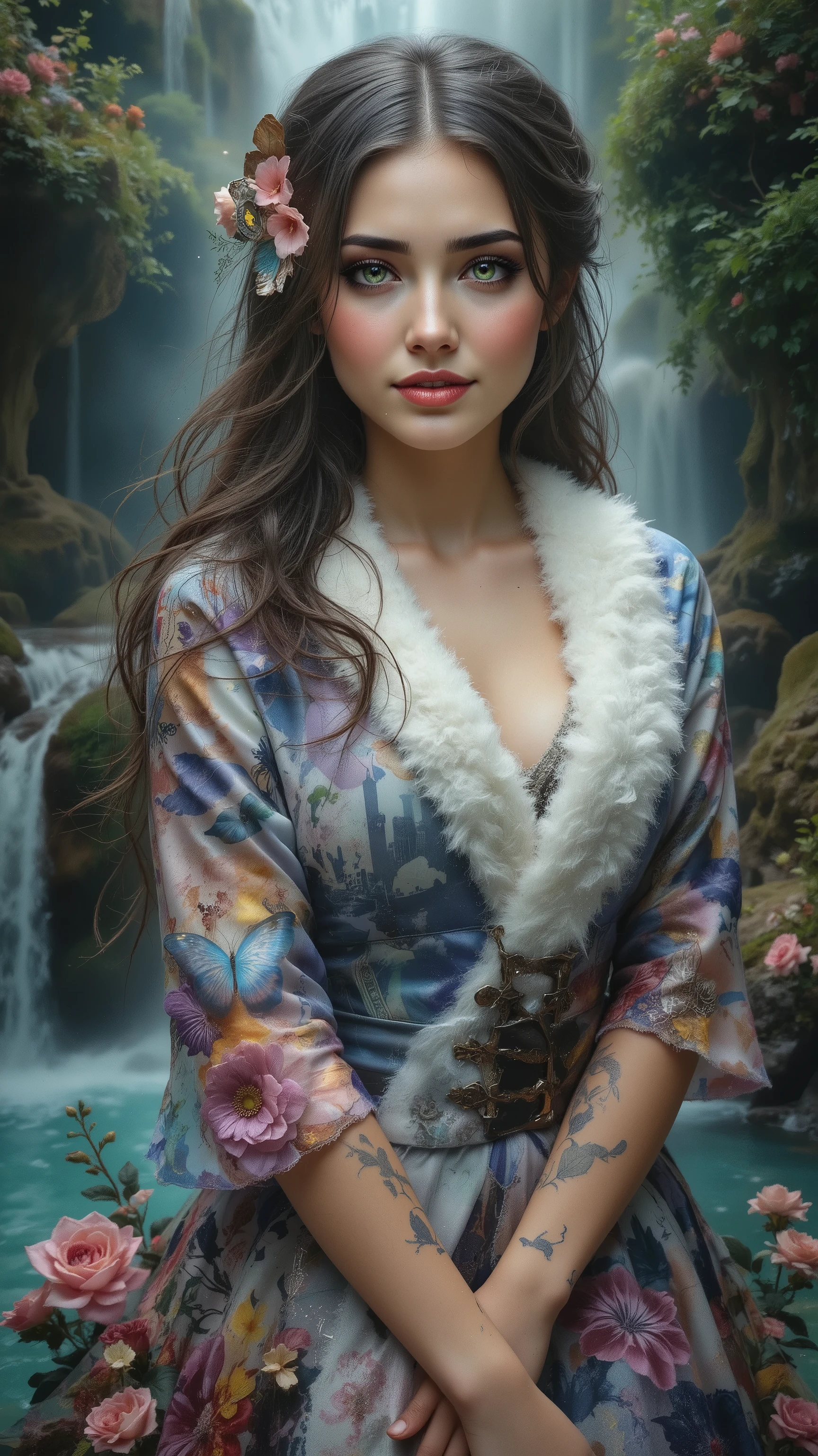 Ultra-realistic (photorealistic Realism) , "UHD, Hyper high resolution" - "(Hyper quality, intricately ultra-detailed digital art)" (Key Directive: - ("The priority is the anatomical accuracy and texture of the materials" - "Ultra-sharp human eyes with biological accuracy") (realistic texture details: velvety skin, hair), long Lashes: individual synthetic fibers (crosshatched roots:1 . 2 , clump-free separation), { "Eyes:(acid-resistant terminology) (macro-details:1.5): * Moist corneal surface (visible aqueous layer:1.2) * Hyper-detailed iris eyes (green) * Precise limbal ring (slightly darker pigmentation:1.3) * Pupil micro-texture (irregular edge authenticity:0.9) * Vasculature in sclera (subtle blue veins radiating from limbus)" } (Avoid: "pupil distortion , uncanny valley asymmetry , plastic-like wetness"),detailed portrait of a princess wearing a luxurious fur robe over a royal dress, she has a warm smile on her face, lush waterfall in the background, colorful flowers surrounding her, highly detailed, 8k, photorealistic, realistic lighting, professional digital art, dramatic fantasy style, oil painting, vibrant colors, intricate details, h4nd