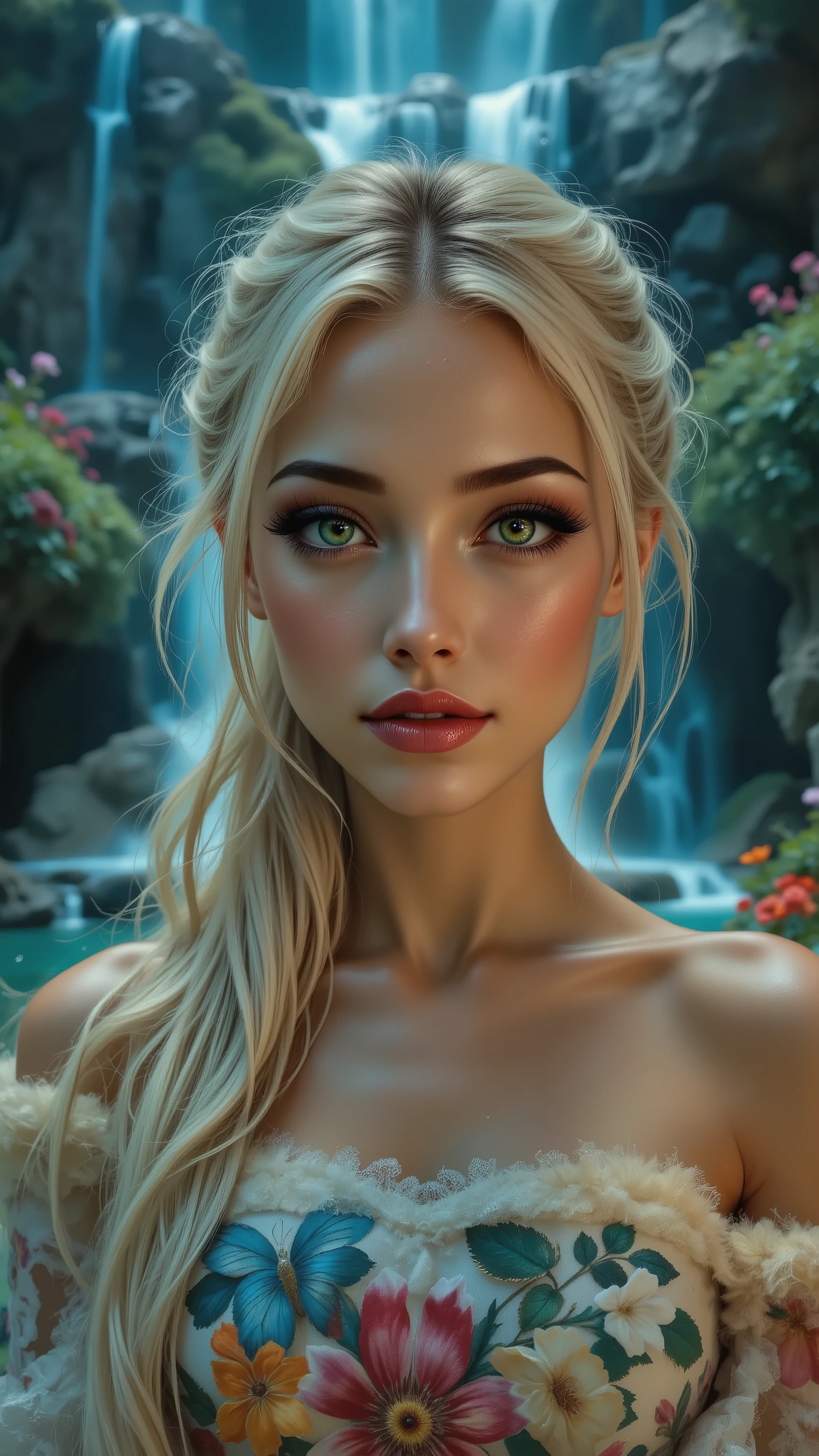  Ultra-realistic (photorealistic Realism) , "UHD, Hyper high resolution" - "(Hyper quality, intricately ultra-detailed digital art)" (Key Directive: - ("The priority is the anatomical accuracy and texture of the materials" - "Ultra-sharp human eyes with biological accuracy") (realistic texture details: velvety skin, hair), long Lashes: individual synthetic fibers (crosshatched roots:1 . 2 , clump-free separation), { "Eyes:(acid-resistant terminology) (macro-details:1.5): * Moist corneal surface (visible aqueous layer:1.2) * Hyper-detailed iris eyes (green) * Precise limbal ring (slightly darker pigmentation:1.3) * Pupil micro-texture (irregular edge authenticity:0.9) * Vasculature in sclera (subtle blue veins radiating from limbus)" } (Avoid: "pupil distortion , uncanny valley asymmetry , plastic-like wetness"),detailed portrait of a princess wearing a luxurious fur robe over a royal dress, she has a warm smile on her face, lush waterfall in the background, colorful flowers surrounding her, highly detailed, 8k, photorealistic, realistic lighting, professional digital art, dramatic fantasy style, oil painting, vibrant colors, intricate details, h4nd
