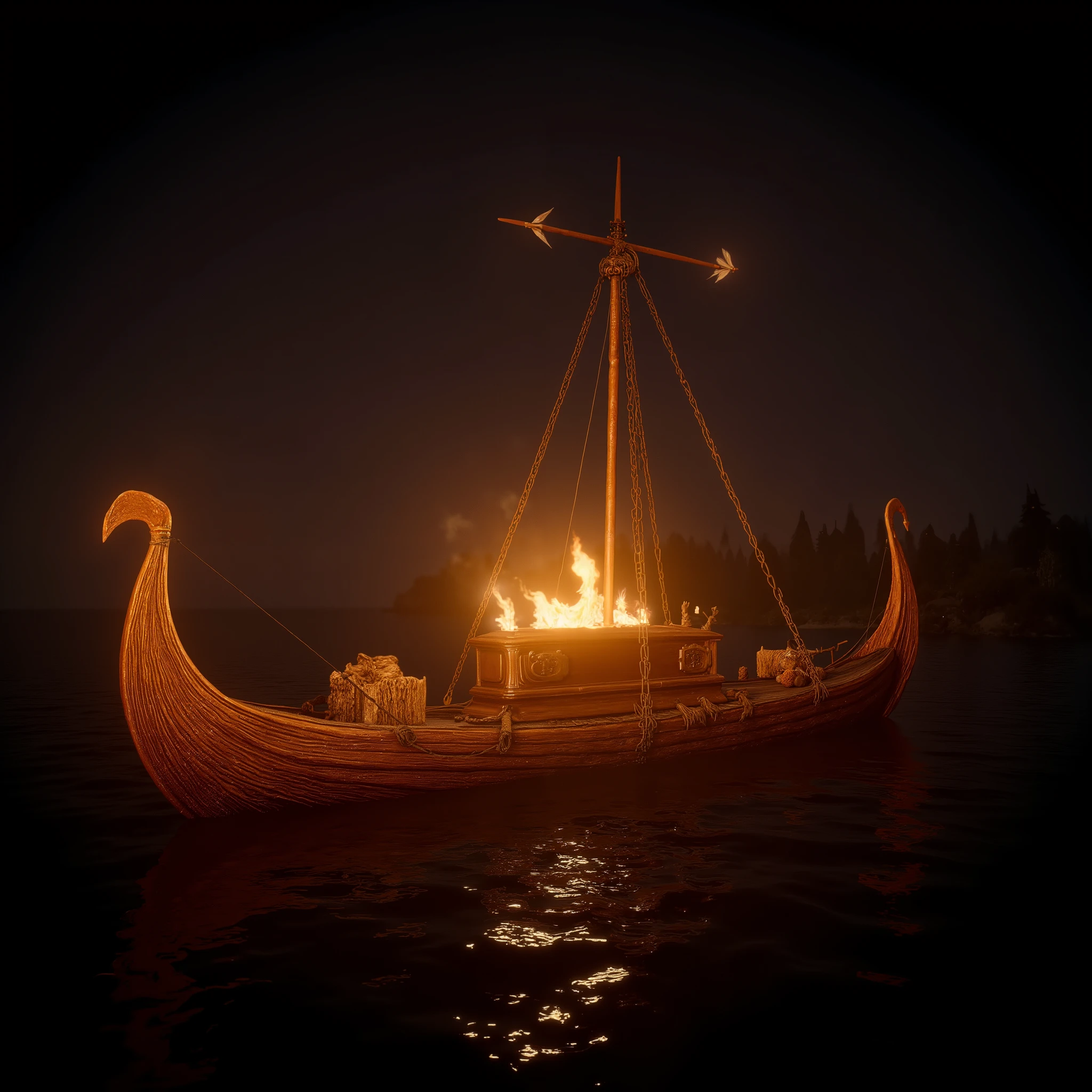 Farewell Ceremony, Illustration of a Viking funeral where a longship is on fire with a coffin inside, after being struck by flaming arrows from archers who mourn the passing of a great warrior inside the coffin, who has died and is being cremated on his great longship one night, RPG character , 4k , Unreal engine , intricate , highly detailed , beautiful lighting , advanced quality , 8k , trending artstation , professional , dramatic , illustration , high quality , beautiful character , Premium portrait , F/22 , symmetrical and dynamic poses , RPG , masterwork , advanced quality , beautiful lighting, Farewell Ceremony Viking.