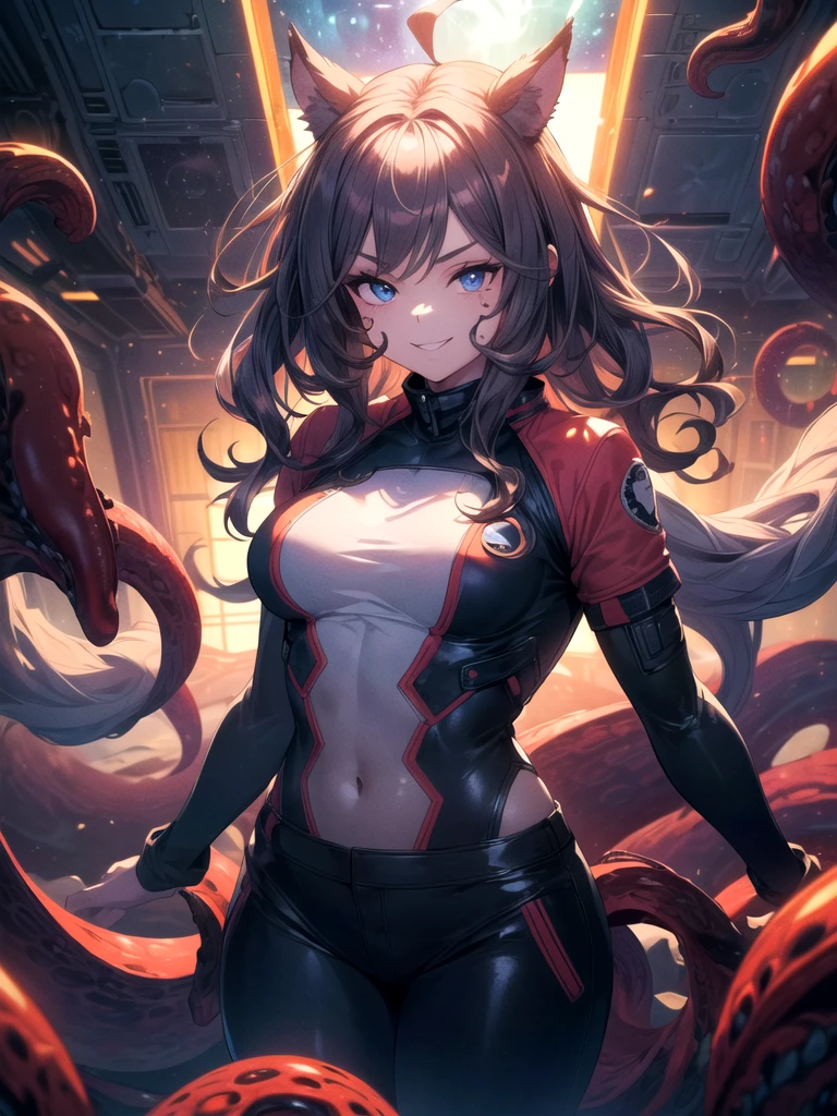 atmosfera sombria  In a futuristic space station bedroom, Indian    face meiga Sensual curly moicano repicado hair cascading over shoulders, Blue fire serpent eyes sparkling with longing, quase nua e transparente tapa  com um véu envergonhada coronel traje militar figure partially veiled by a gleaming orange PVC bedsheet, gaze locked onto the camera lens, chiaroscuro effect, soft ambient lighting casting subtle highlights and shadows on the curves and fabric, creating an intimate yet tasteful portrayal, digital painting, high contrast, dynamic composition, octane rendering.