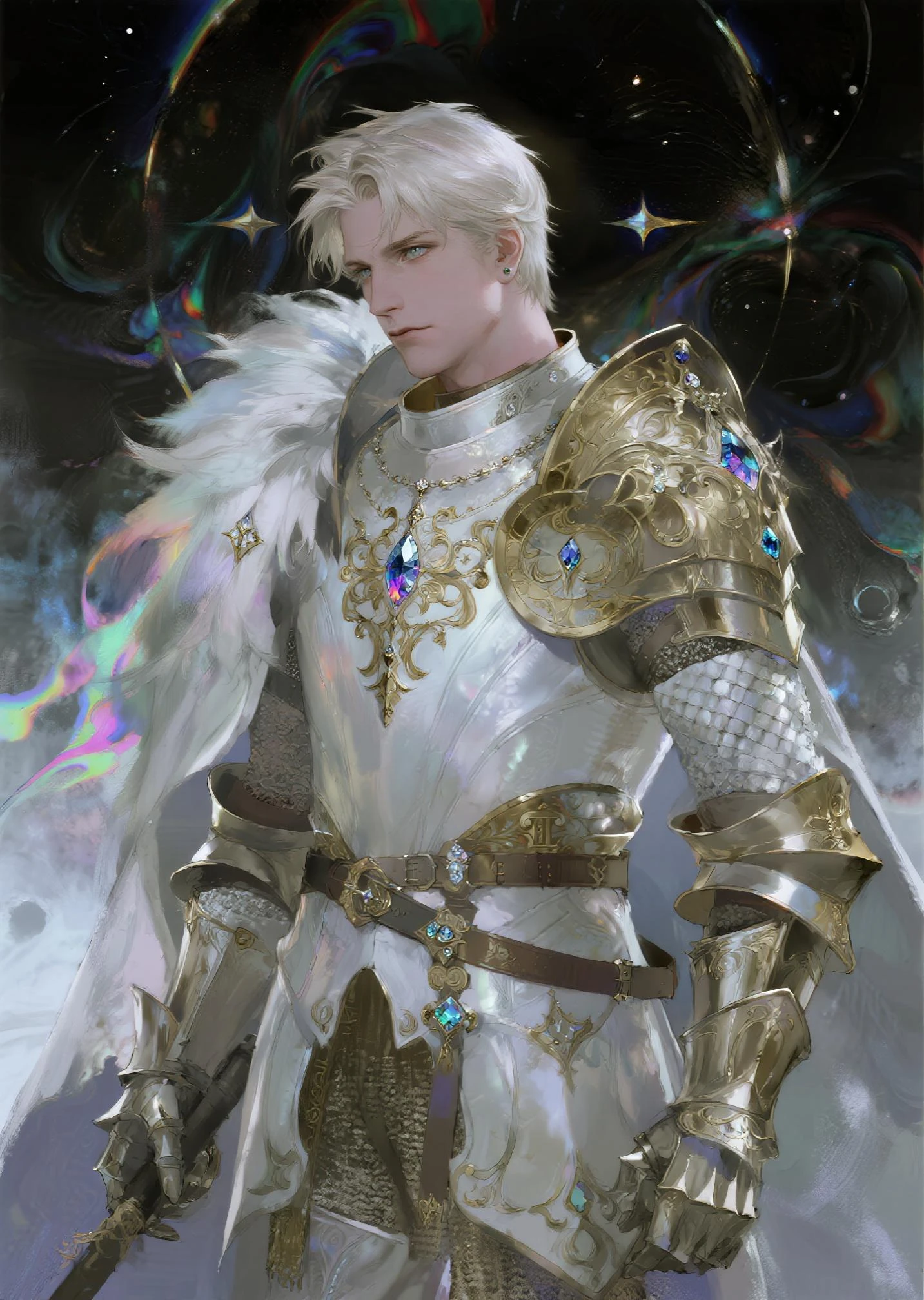 masterpiece, ultra detailed photography of a gorgeous humanoid dragon male, 1guy, (((21 year old male))), perfectly drawn face, wearing a luxury white battle armor, luxurious gloves, 8k resolution, photorealistic, ultra-high quality, king, opulent detailed background, covered navel, 32k, long white hair, messy ponytail, full lips, curvy guy, perfect , cinematic lighting, intricately detailed, white tetradic color, volumetric lighting