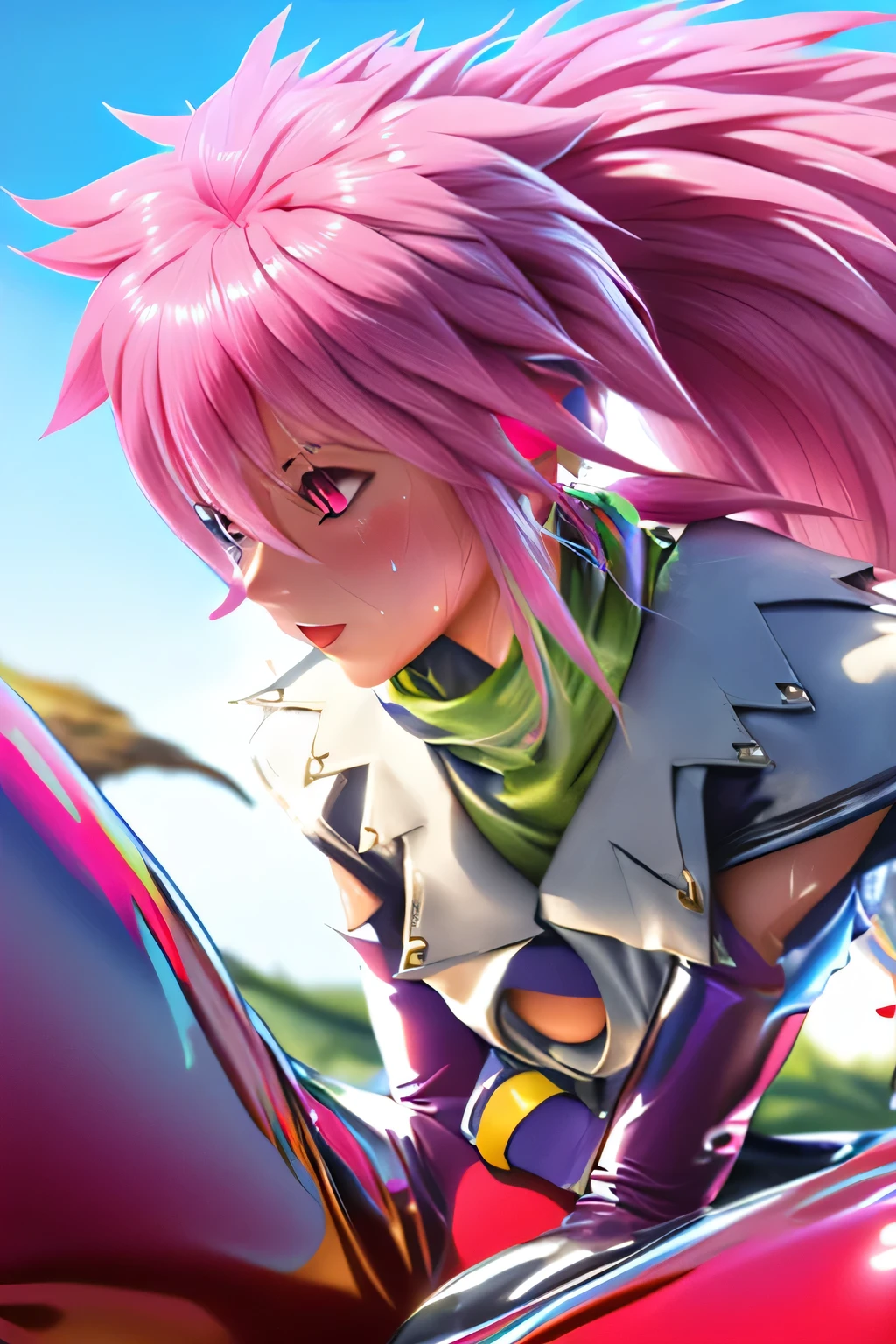 [[[NSFW]]]　perfect anatomy　Highest Quality,highest resolution,(((shiny latex white clothes　shiny pink loose pants　shiny pink hair　Ponytail　Red Eyes　sweat　shiny skin)))　Tales of Fantasia　Arche 