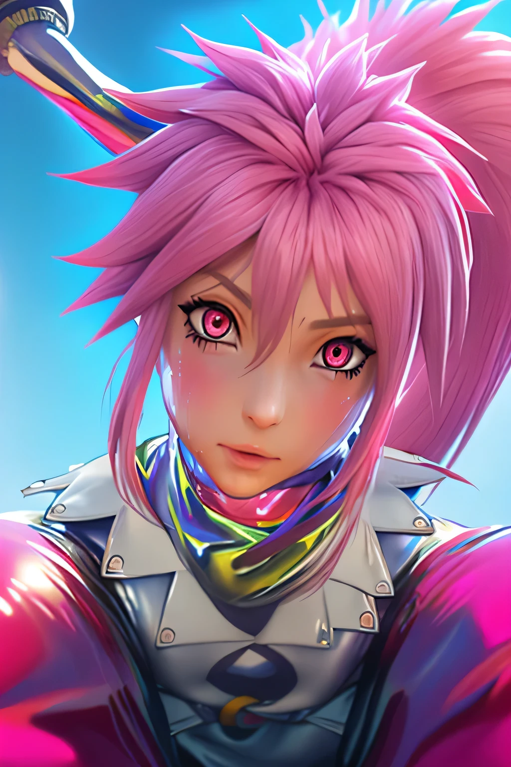 [[[NSFW]]]　perfect anatomy　Highest Quality,highest resolution,(((shiny latex white clothes　shiny pink loose pants　shiny pink hair　Ponytail　Red Eyes　sweat　shiny skin)))　Tales of Fantasia　Arche 