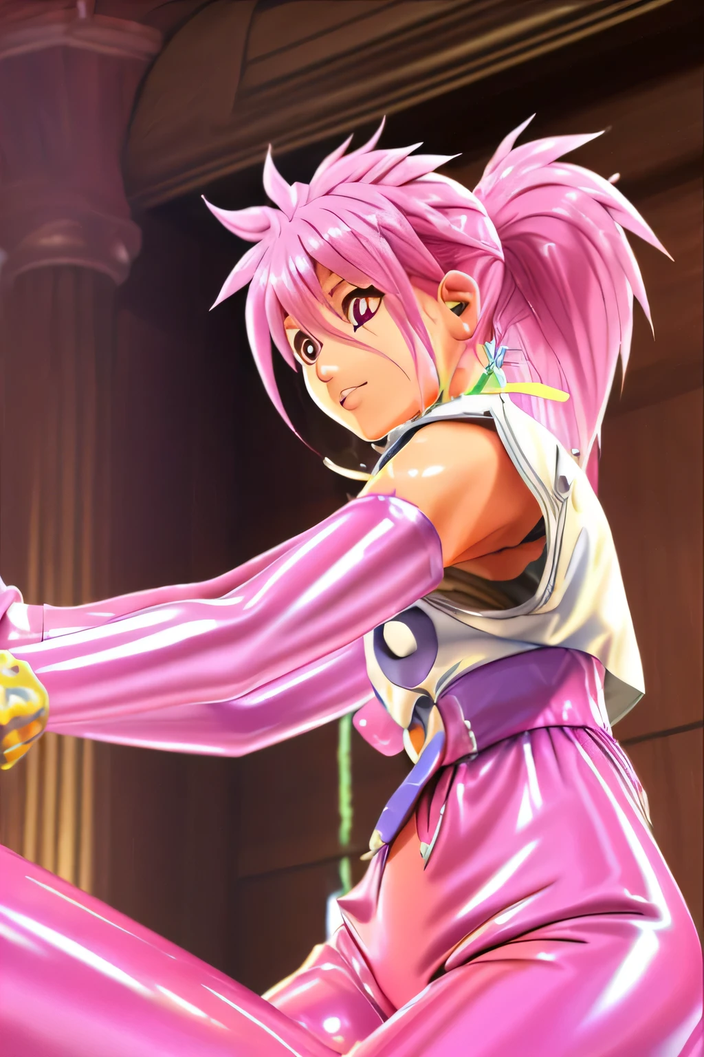 [[[NSFW]]]　perfect anatomy　Highest Quality,highest resolution,(((shiny latex white clothes　shiny pink loose pants　shiny pink hair　Ponytail　Red Eyes　sweat　shiny skin)))　Tales of Fantasia　Arche 