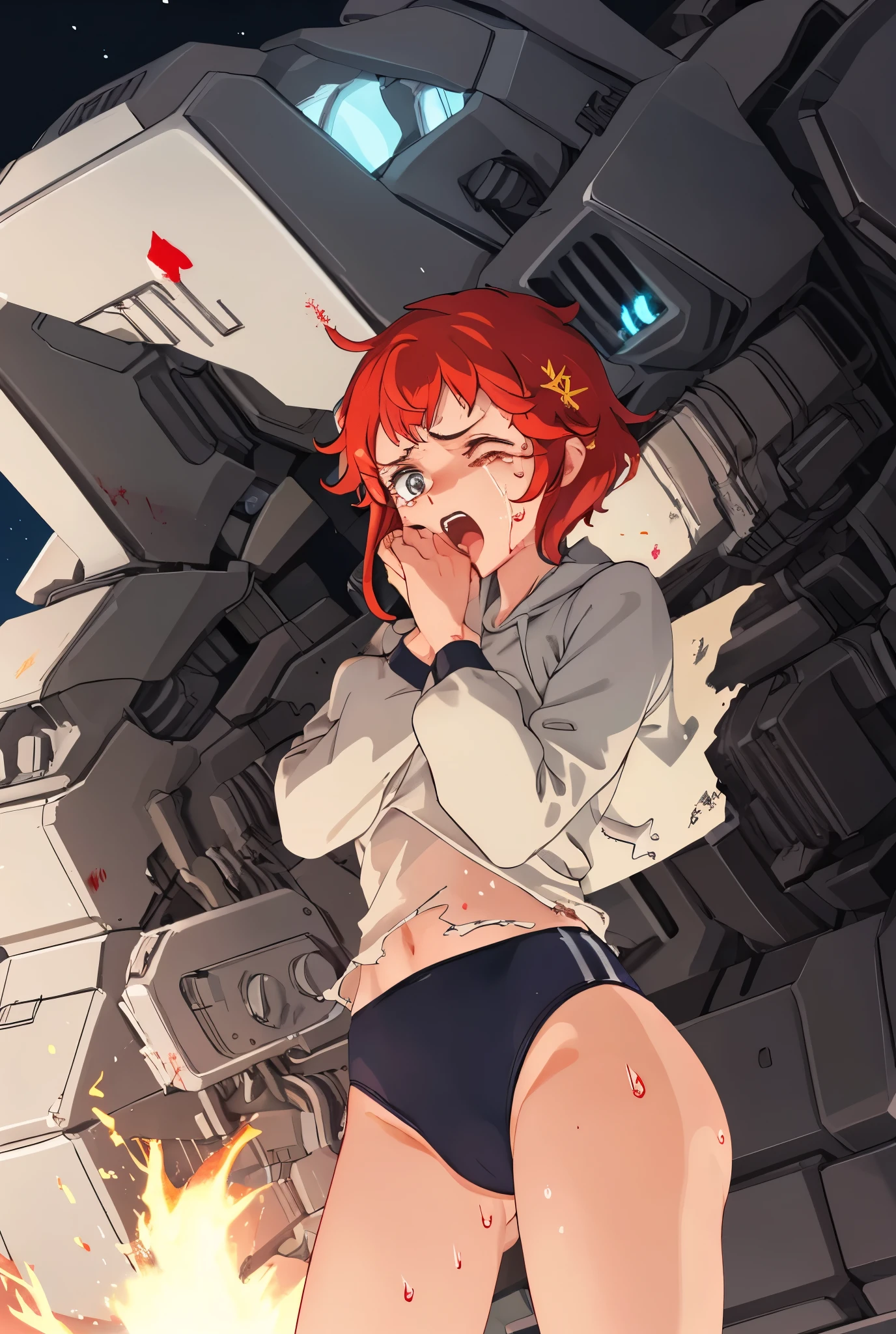 cockpit_explosion, fire, electricity, screaming, explosion, science fiction, wide-eyed, tearing clothes, standing, blood, scared, sweat, crying, mecha, torn clothes, tears, cockpit,1girl、wearing black gymnastics bloomers,high leg,white blouse,cowboy shot,self wedgie,bloomers pull myself,後ろに寄りかかる、体を反らせる、後ろに反らせる、串刺し、体を後ろに反らせる、エビ反り,爆風、衝撃、破壊、吹き飛ぶ、消滅、焼き尽くされる,Natural Killer Junk cute Girl hoodie Wear a hood sleeping rifle sniper odd-eye left eye red right eye blue red hair shorthair Laziness night