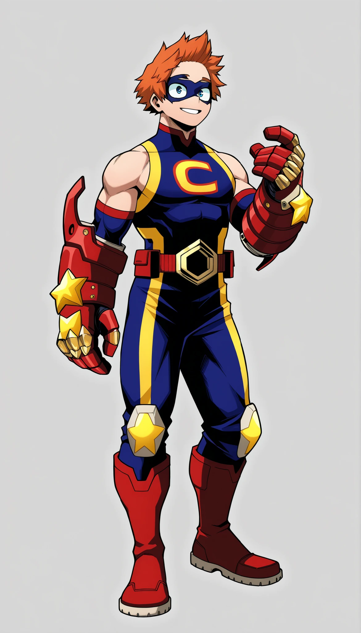 ((Highest Quality)), ((Simple Light Grey Background)), (My Hero Academia style), standing, (1male), (Male), solo, slender body, athletic body, standing, Full Body, ((square shaped head)), ((square jaw)), orange hair, very short hair, ((Hair styled back)), straight hair, Arrogant smile, blue eyes, red shin guards, red knee pads, red knee boots, blue costume, costume with red and black details, (((Red rocket gauntlets))), ((rocket gauntlets)), red gauntlets, (((Star Shaped Yellow domino mask))), star shaped domino mask, yellow domino mask, star shaped golden buckle, red belt, ((hero costume)), ((hero Character)), bare shoulders,