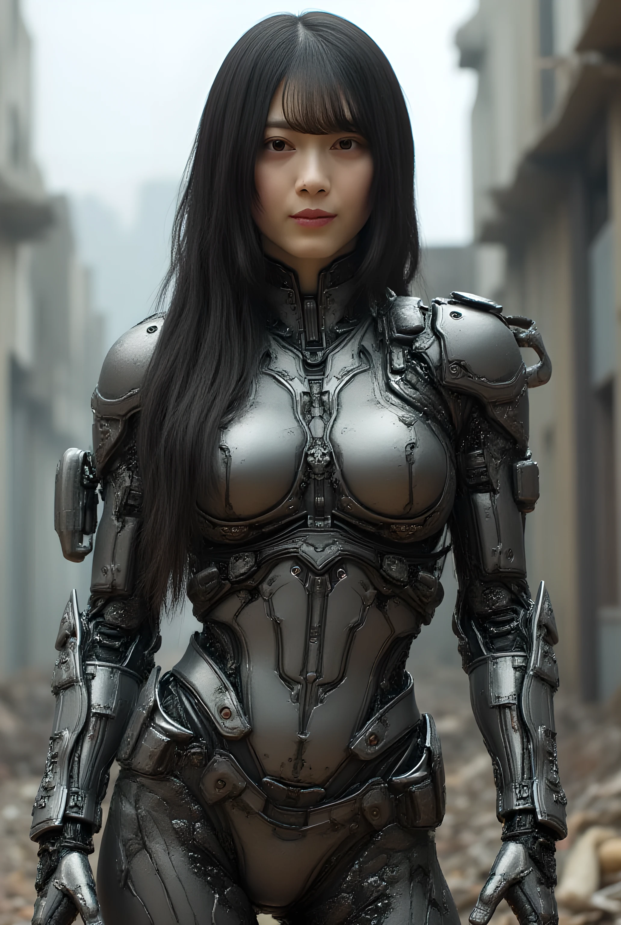 score_9, score_8_up, score_7_up, score_6_up, score_5_up, score_4_up, 8K Ultra HD, (Highest quality: 1.4, Masterpiece, Super Resolution: 1.4, High Resolution RAW Color: 1.4, Photorealistic, Unparalleled Detail, Anatomical Accuracy: 1.5, Cinematic Lighting, Even Lighting That Isn't Too Dark or Overly Colored: 1.4). (((Accurate Anatomy: 1.5, Exemplary Anatomy: 1.5, Correct Two Arms and Legs: 1.5, All Five Fingers Accurately Depicted: 1.5))). (This image depicts a beautiful Japanese woman: 1.5). (Eye-level shot, close-up of upper body). ((Cyberpunk: 1.5, Keita Amemiya's worldview: 1.5. She is clad in mechanical metal armor: 1.5, details that make the most of the curves of the female body: 1.5)). (((Robot arms: 1.3, Scouter goggles and a headset on the face, machinery also attached to the chest and waist, full armor like a giant robot, the bodysuit is a rugged exoskeleton))), ((Very shiny body: 1.5)), clear parts, jewel-like ornaments, armored glove gauntlets, cape armor, armored boots). ((Serious gaze, smile on lips)). (((Her skin is extremely wet and shiny: 1.5))). ((No makeup: 1.3)), (((Super oily skin: 1.5, strong shine due to sebum, realistic reflections and a moist shine. Delicate depiction of pores: 1.5))). ((Shiny skin: 1.5, Toned body: 1.4, Slim figure: 1.4, Curvy waist: 1.4, Thin chest: 1.3, Small face: 1.3, Thin face: 1.2, Model figure: 1.3)). (((Long, moist hair, light black with bangs: 1.5)). She stands in a ruined city, littered with debris from collapsed buildings: 1.4. - No text.