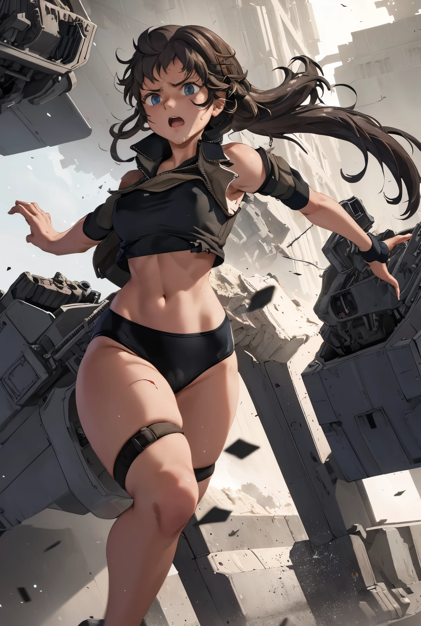 masterpiece , best quality, highres ,1girl,black long hair ,Angry face , beret, blue eyes, black gymnastics bloomers,high leg,self wedgie , flat , sleeveless,Victorian blouse, gloves, ultra detailed , Standing, (masterpiece, best quality, anime style, realistic military theme, tactical movement), girl in modified modern military uniform, tactical jacket and black gymnastics bloomers,high leg ,self wedgie,with armor pads, equipped with assault rifle held at the ready, moving alongside a modern main battle tank, dust and debris in the air, crouched or low-running posture, alert expression, helmet with headset and goggles, utility belt and combat boots, battlefield background with smoke, destroyed buildings, spent shells, cinematic lighting and war atmosphere
wearing a black gymnastics bloomers,high leg ,self wedgie,vomiting blood,squating,explosion,vomiting blood,arched back