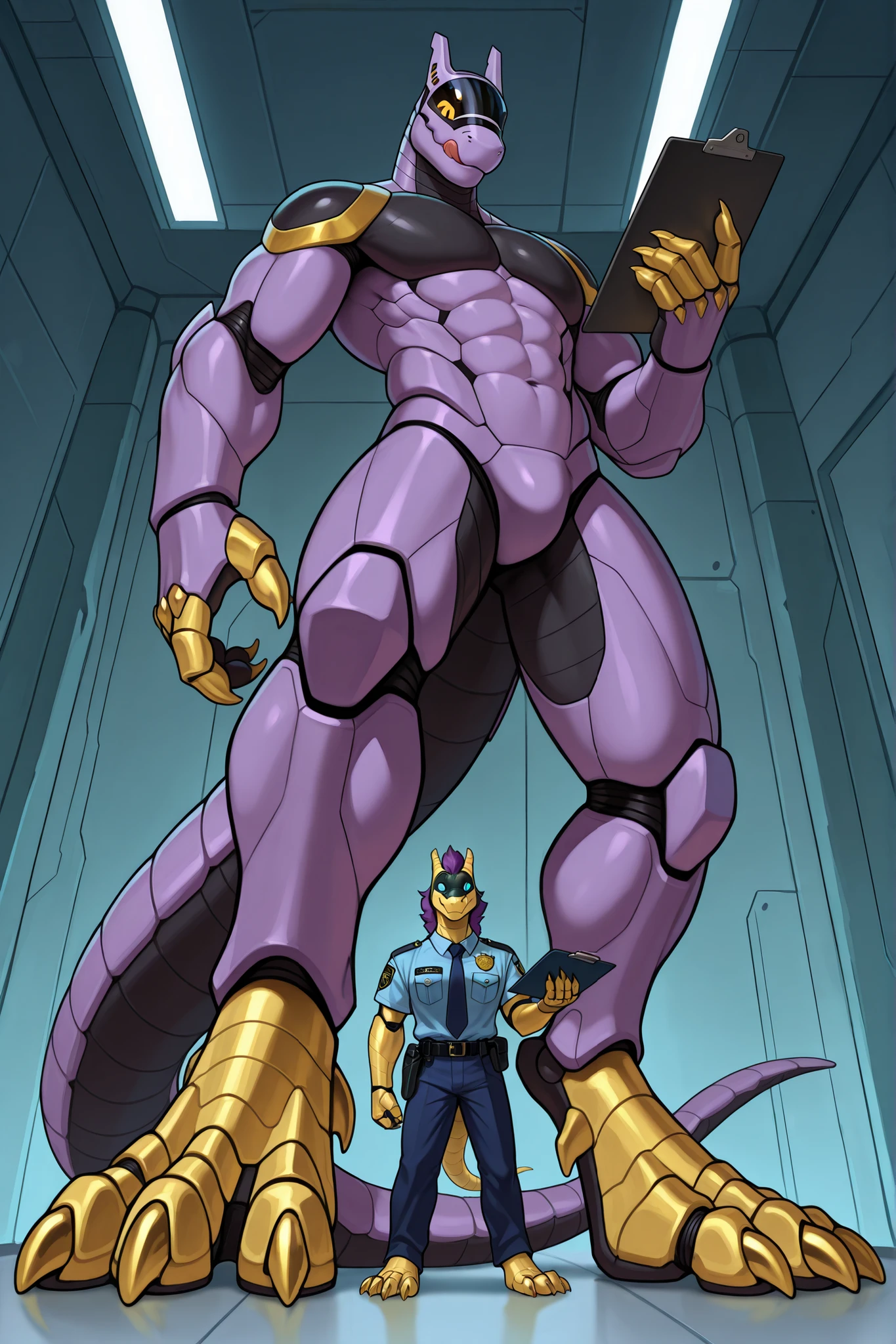 synth \(vader-san\), synthhead, synthbod, synthfeet, furry and humanization, synth, synth boy, scales, calm, 2boy, claws, looking at viewer, confident, sensual, abs, strong, smile, claws foot, from below, barefoot, giant, size difference, clawed feet, robot, robotic, male, gold, standing, clipboard, licking lips, furry mane, purple mane, tail, police uniform,