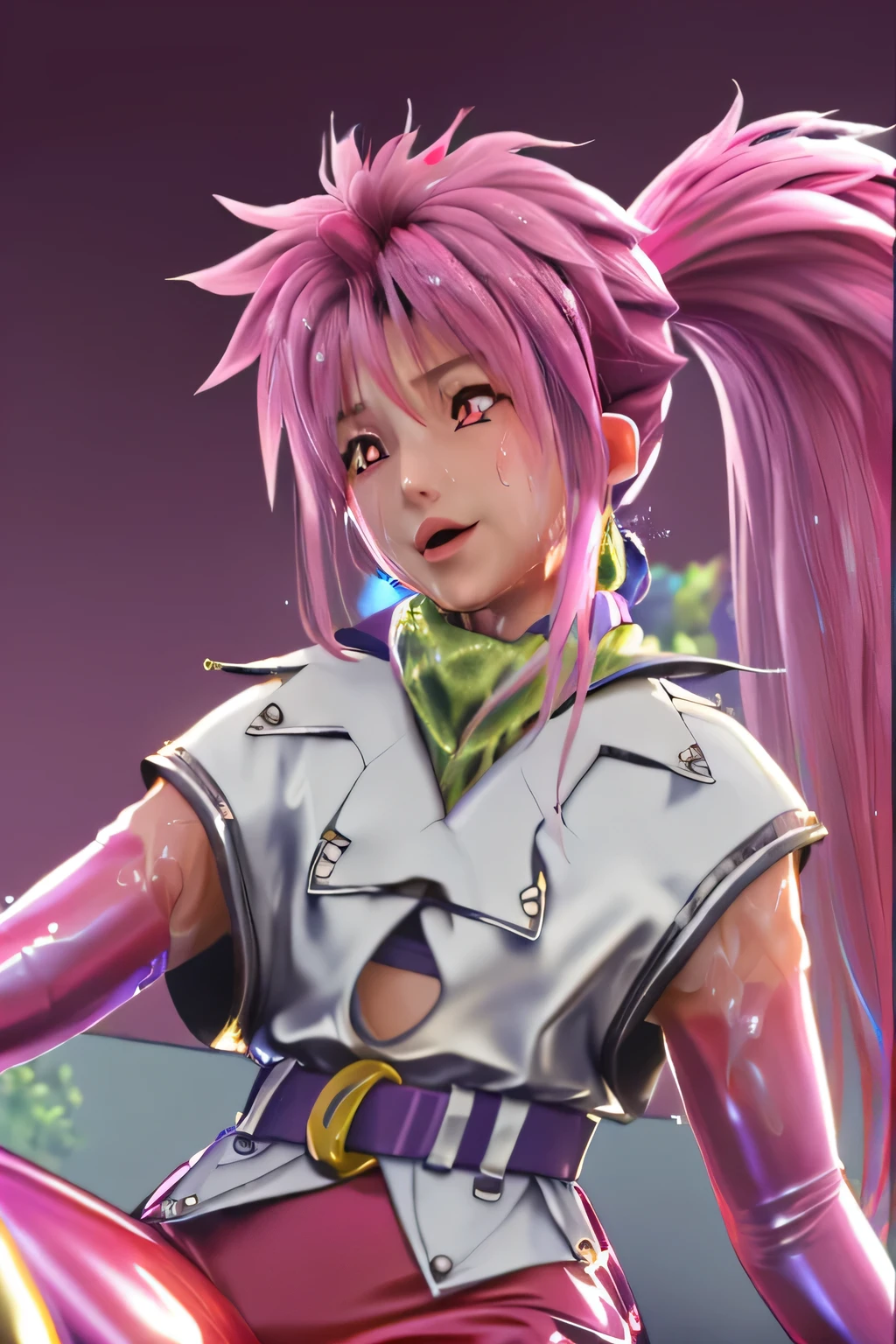 [[[NSFW]]]　perfect anatomy　Highest Quality,highest resolution,(((shiny latex white clothes　shiny pink loose pants　shiny pink hair　Ponytail　Red Eyes　sweat　shiny skin)))　Tales of Fantasia　Arche 