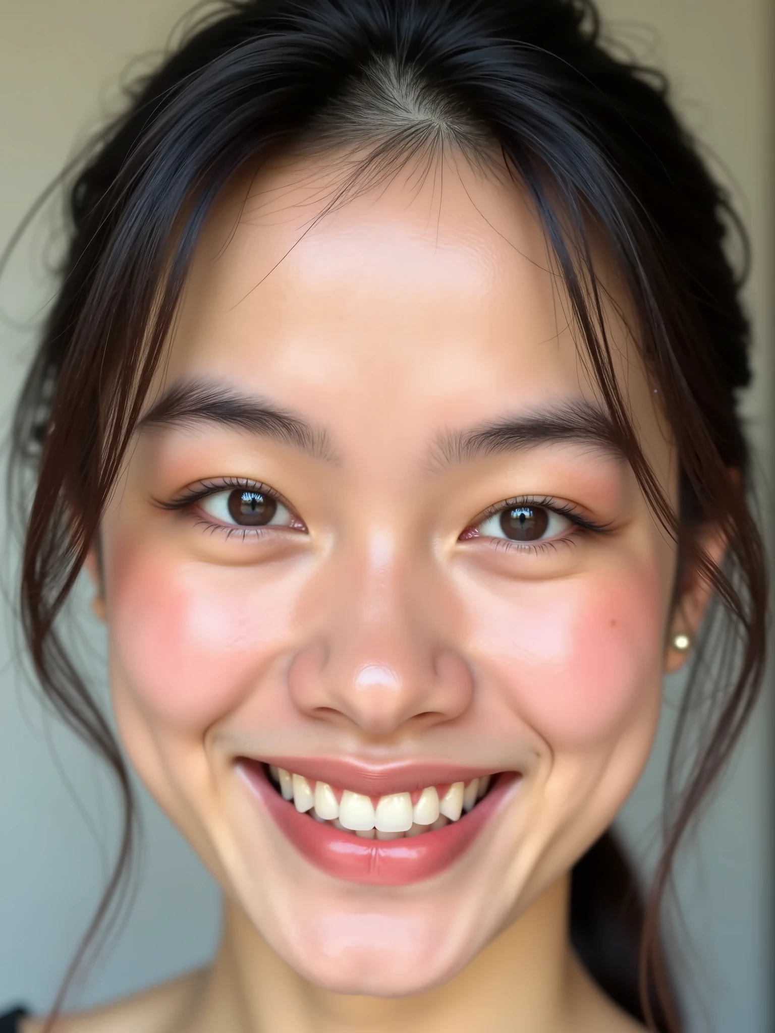 Profile photo S+R closeup beautiful asian woman face with smile confidence , hyper detail texture skin , smiling confidence showing teeth