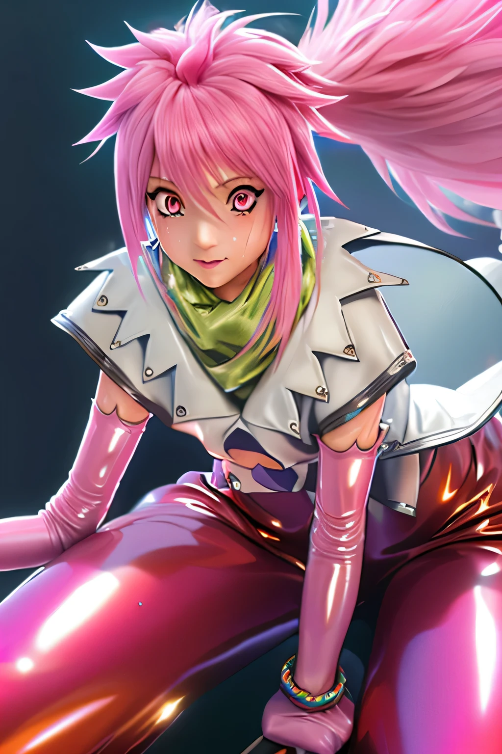 [[[NSFW]]]　perfect anatomy　Highest Quality,highest resolution,(((shiny latex white clothes　shiny pink loose pants　shiny pink hair　Ponytail　Red Eyes　sweat　shiny skin)))　Tales of Fantasia　Arche 