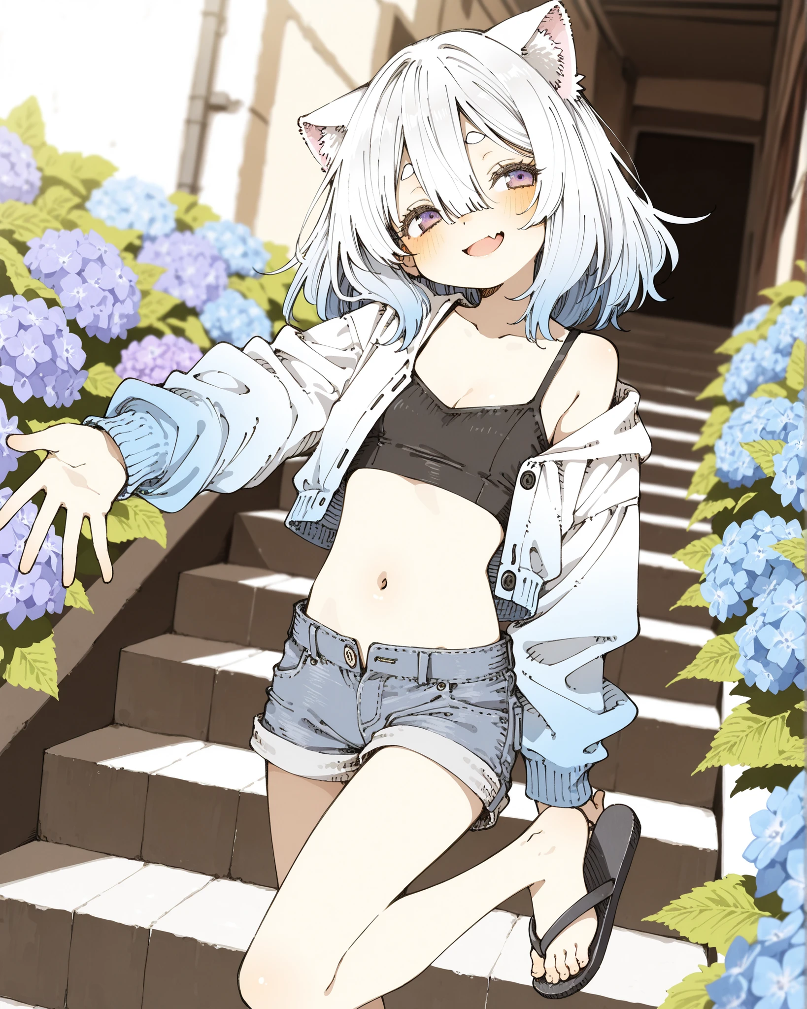 ((Abara Heiki style)), ((Masterpiece)), ((best quality, amazing quality)), ((very aesthetic, absurdres, newest)), ((detailed background, negative space, blurry background, depth of field, Asymmetrical background)), (dynamic angle, halftone, from side), (cinematic lighting), ((1girl)), Cute young Girl, (Healthy Gaunt body, Textured skin, small , cleavage, tilt head), (platinum-gold hair, medium hair)), (hair between eyes, long bangs, long side bangs), blue color Hair Tip, gradient hair, (inner croptop, black croptop), (gradient jacket, cropped jacket, long-sleeves, open jacket) cute navel, exposed lower abdomen, (short shorts, Navy blue Denim shorts, unbuttoned shorts), beautiful collarbones, BREAK (open mouth wide, skin fang), smile, blush, Thin and short eyebrows, (cute cheeks), glossy lips, pouty lips, (lower eyelashes), (fuzzy cat ears), (Thick soled Cheap flip-flops, black Cheap flip-flops), ((pale purple eyes, gradient eyes, averting eyes, looking at side)), reaching arm at viewer, (loose standing on the aged concrete steps, toe up, standing one leg), outdoor, Colorful hydrangeas, country road, (After the rain, Reflecting puddles), blooming hydrangeas, fantastic (theme),
