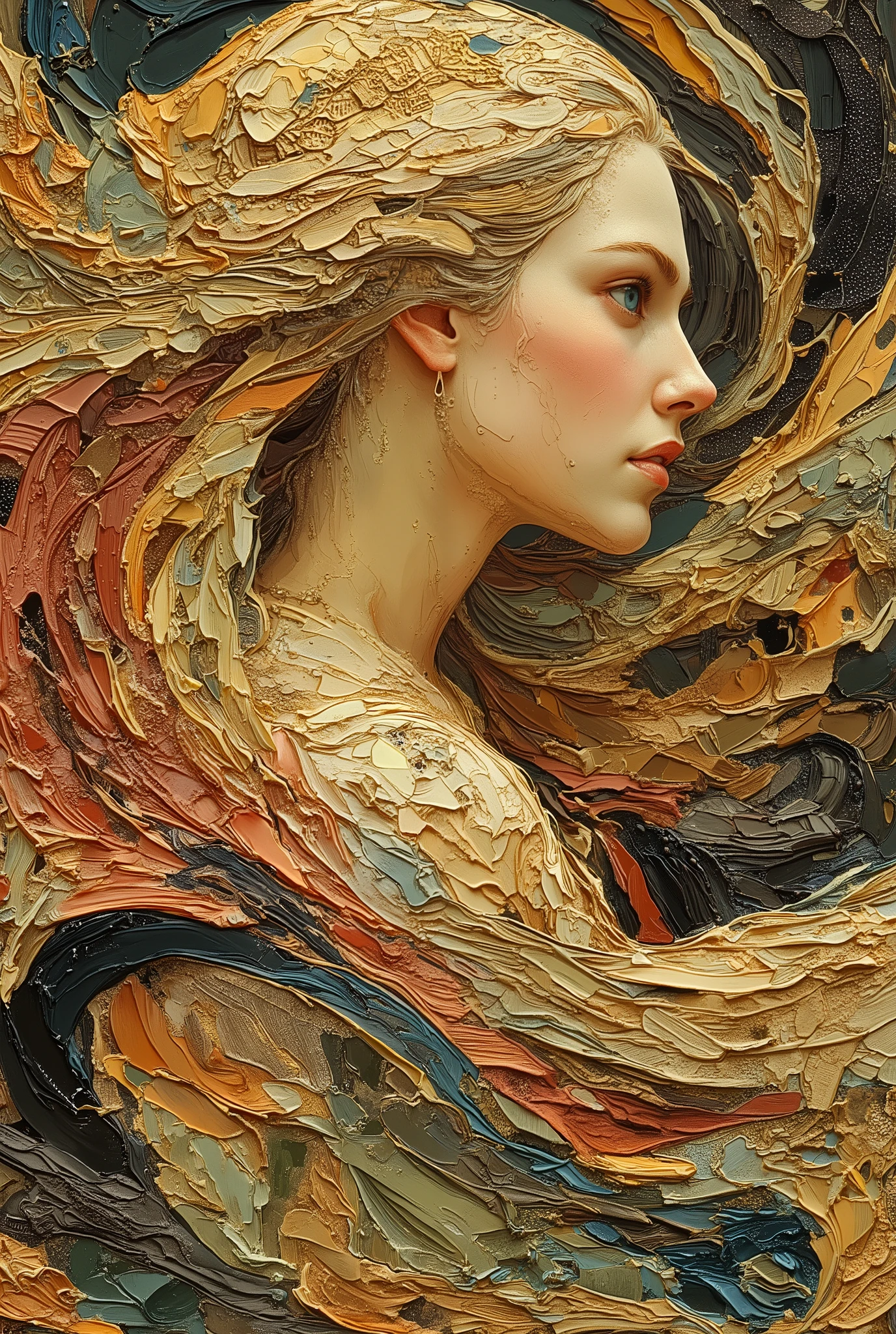 extremely aesthetic, mythological style, A mix of Art Nouveau and Impressionism, Impasto style, oil-painting, illustration, fantastic, anatomically correct, Off-center composition,
An icon of the goddess's profile. Blonde hair and blue eyes. The flowing hair is depicted in decorative detail and three-dimensionally, making it beautiful.
Powerful and emotional impasto technique, free and liberating brush strokes, emphasis on subtle gradations that give the impression of three-dimensionality, a mad obsession with gradations, material, artistic effect, hazelnuts, (palette knife, painting knife), pig hair, innovative, cutting edge, thick textured layers of paint, emotional intensity, tension, sculptural strokes, vibrant and vivid swirling colors that overflow from the canvas, A masterpiece in honour of the great virgin goddess. Madly aesthetic.