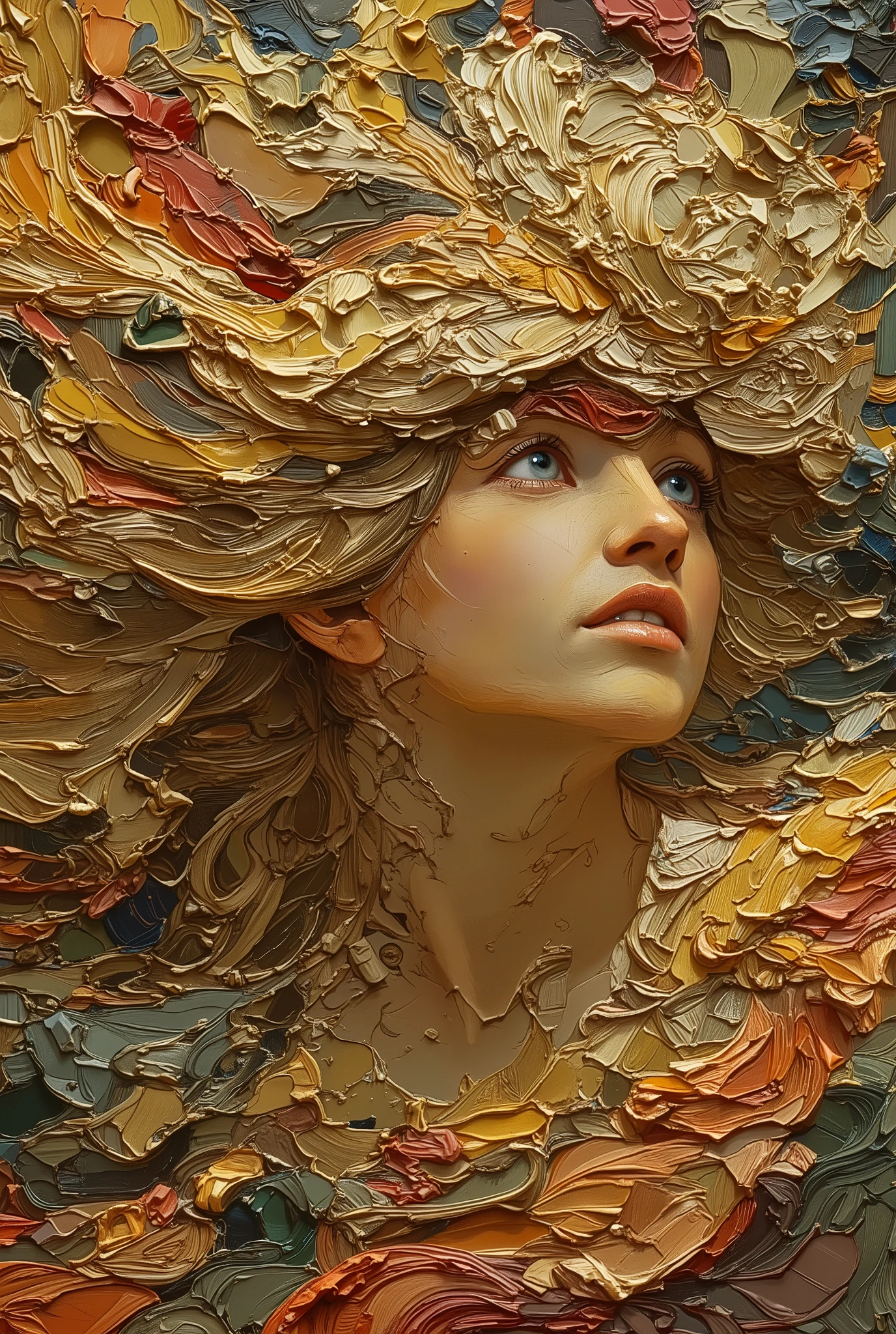 extremely aesthetic, mythological style, A mix of Art Nouveau and Impressionism, Impasto style, oil-painting, illustration, fantastic, anatomically correct, Off-center composition, 
 An icon of the goddess's profile. Blonde hair and blue eyes. The flowing hair is depicted in decorative detail and three-dimensionally, making it beautiful. 
Powerful and emotional impasto technique, free and liberating brush strokes, emphasis on subtle gradations that give the impression of three-dimensionality, a mad obsession with gradations, material, artistic effect, hazelnuts, (palette knife, painting knife), pig hair, innovative, cutting edge, thick textured layers of paint, emotional intensity, tension, sculptural strokes, vibrant and vivid swirling colors that overflow from the canvas, A masterpiece in honour of the great virgin goddess. Madly aesthetic. 