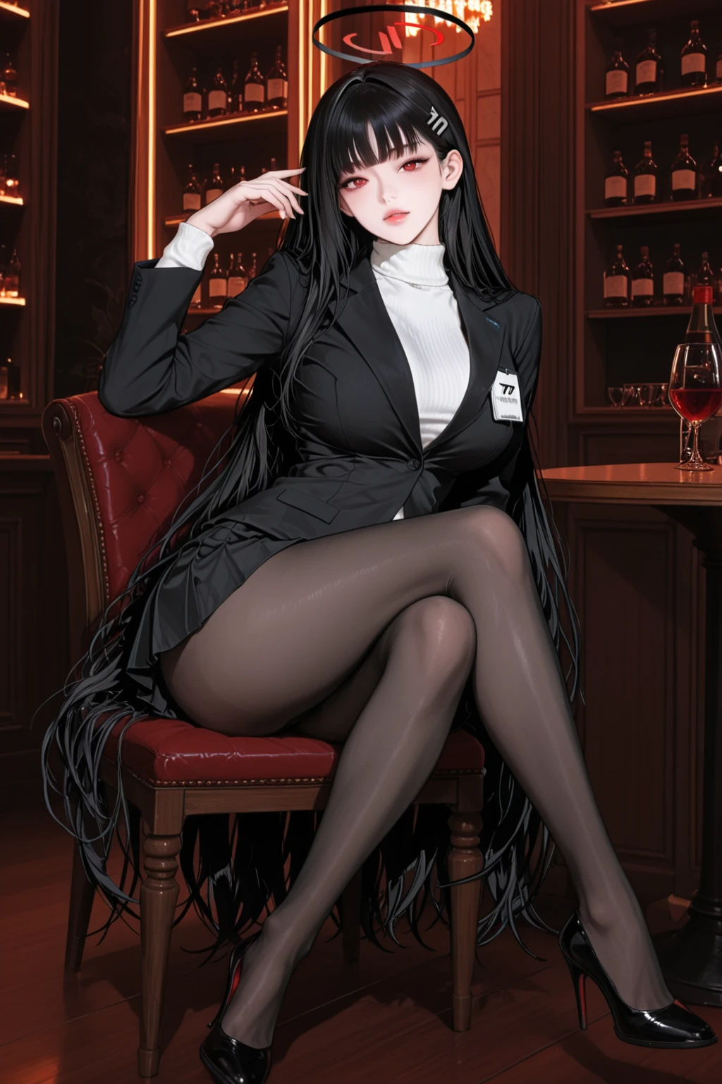 1girl, solo, Black halo, black hair, very long hair, blunt bangs, hair clips, red eyes, large , turtleneck, white sweater, formal, black jacket, black suit, long sleeves, Id card, black skirt, black pantyhose, thigh strap, thigh holster, black footwear, high heels, plain black background