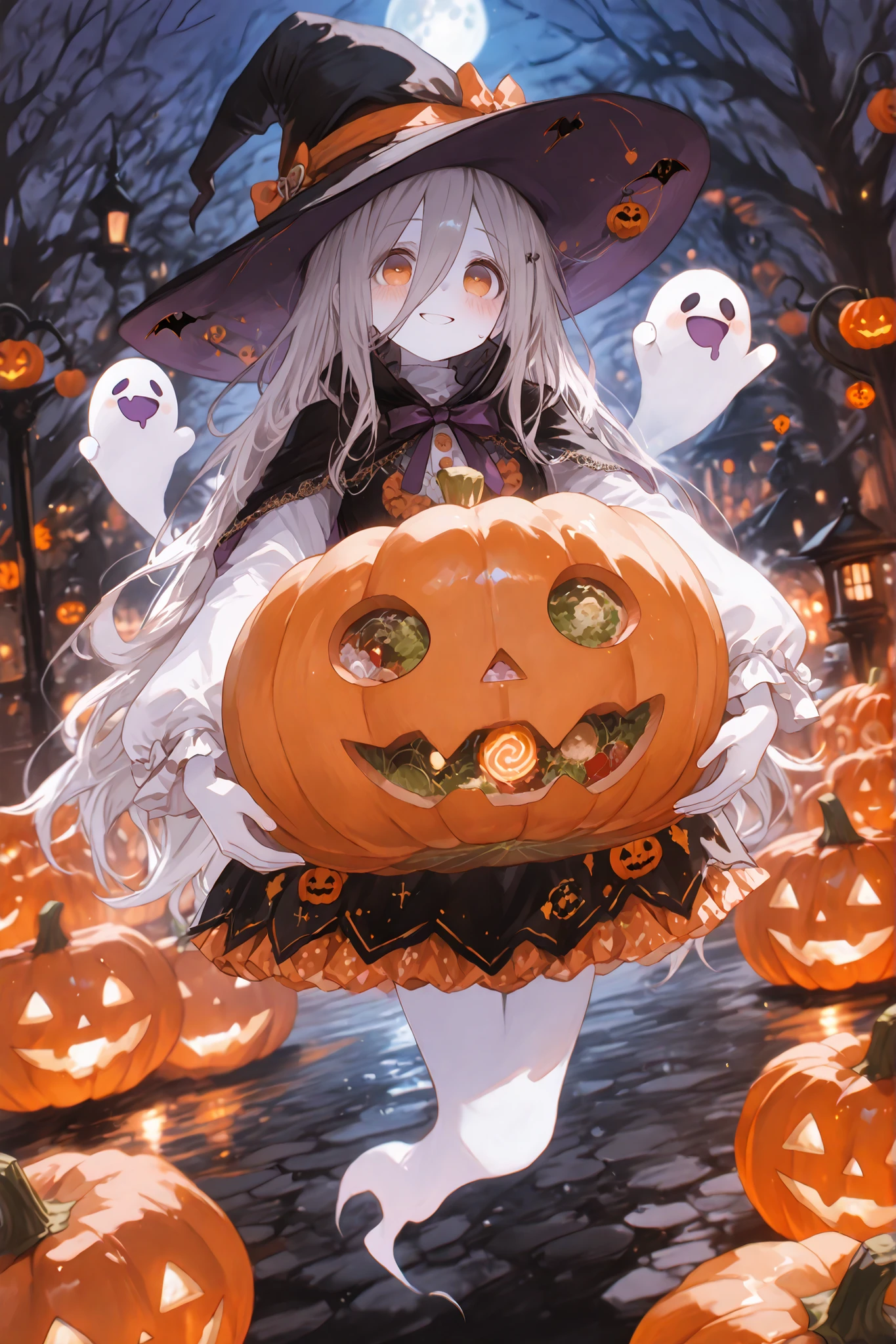masterpiece,最High Quality,Super Detailed,High fines,slender,High Quality、score_9、score_8_up、score_7_up、masterpiece、High Quality、Super Detailed、High fines、High Quality、最High Quality、dynamic angle、dynamic pose、dynamic angle、upper body、masterpiece、((full body))、((Ghost Girl Dancing in the OBig Citiesのハロウィンイベント))、femininity(femininity)(femininity(femininity))(((Ghost Girl))、 per photo 、round eyes、gloomy face、cute face、, no legs, 、Wear an orange Halloween pumpkin design dress、Zero Gravity、Witch Hat、 、Ghost、very long gray hair、pathologically white skin、 Halloween pumpkin lantern 、smiling Yang)、Big Cities、Moonlit Night、halloween party