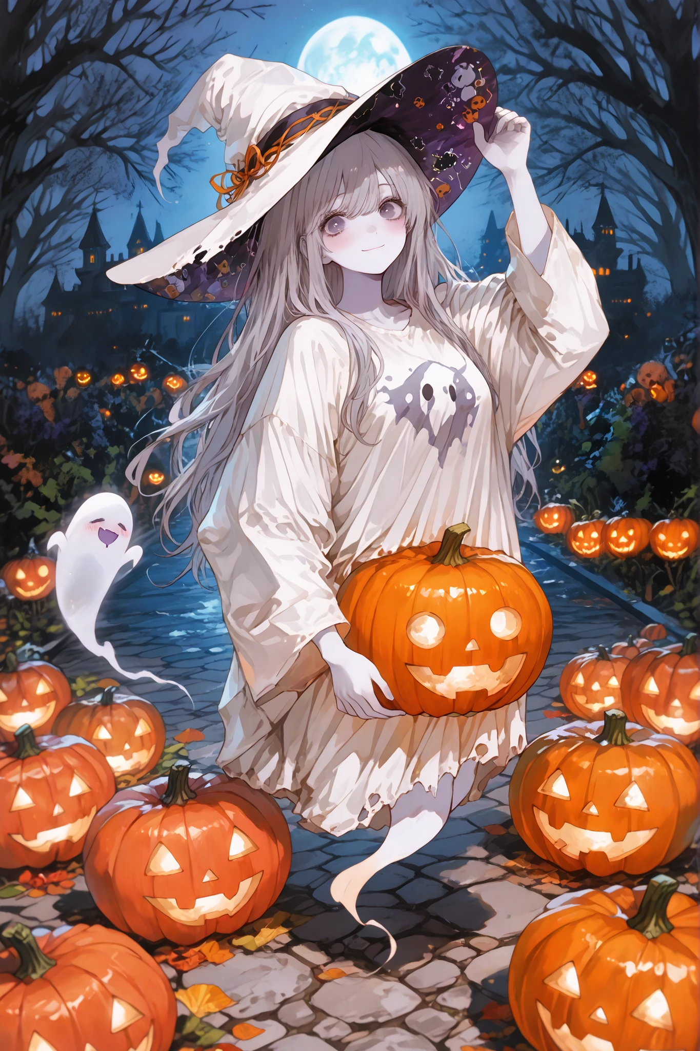  masterpiece,最High Quality,Super Detailed,High Fine,slender,High Quality、score_9、score_8_up、score_7_up、masterpiece、High Quality、Super Detailed、High Fine、High Quality、最High Quality、dynamic angle、dynamic pose、dynamic angle、upper body、masterpiece、((full body))、((Ghost Girl Dancing in the Old Castle Dancehall))、femininity（femininity）(((Ghost Girl))、 per photo 、round eyes、gloomy face、Cute face、, no legs、orange Halloween pumpkin design dress wearing a ghost costume at a Halloween event、Witch Hat、 、Ghost、very long gray hair、pathologically white skin、Halloween pumpkin lantern 、smiling Yang)、Big Cities、ハロウィンのイベントでお化け衣装を着ている、Moonlit Night