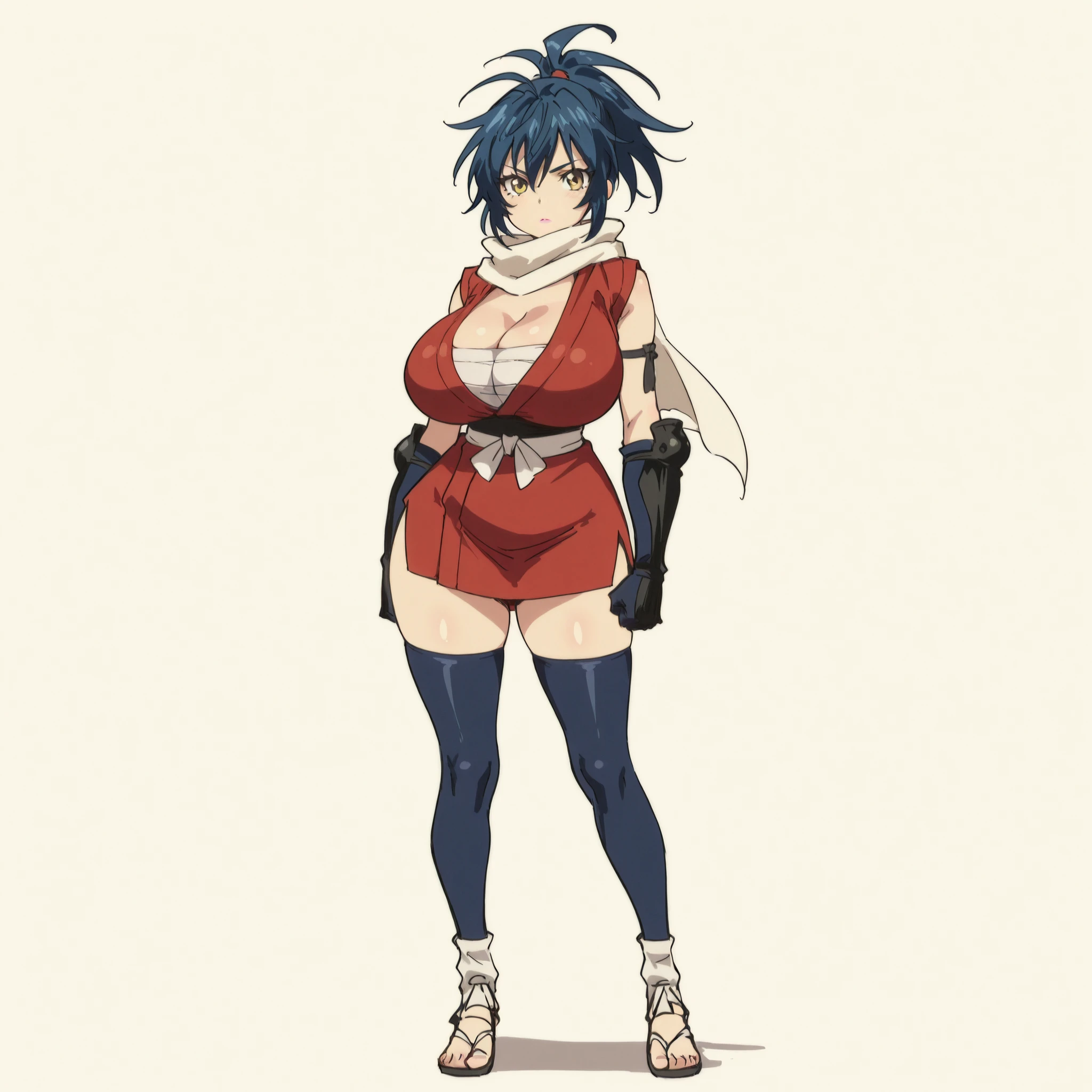 masterpiece, ultra-HD, impressionism, high detail, best quality, very aesthetic, 8K, best quality, beautiful, ultra-high resolution, 32K UHD, sharp focus, 1girl, solo, Manyuu Chifusa, long blue hair, ponytail, yellow eyes, eyelashes, pink lips, , narrow waist, wide , thick thighs, shapely legs, slim, red kimono, sleeveless, cleavage,  bandages, shinobi sandals, white ribbon obi, black thigh high socks, white scarf, black gloves, blushed, serious, cute, standing, full body, looking at the viewer, simple background, front view