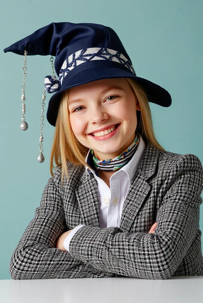 Girl blonde child long hair WITH TRAPS, with straps and top hat smiling, wearing a top hat, wearing a chocker and cute hat, wearing a party hat, wearing a silly hat, funny fancy hat, flashy fancy hat, wearing a pink headband, wearing a cute hat, with hat, kids, closeup of a lovely one, wearing a top hat,  she's wearing a hat, RED BACKGROUND.