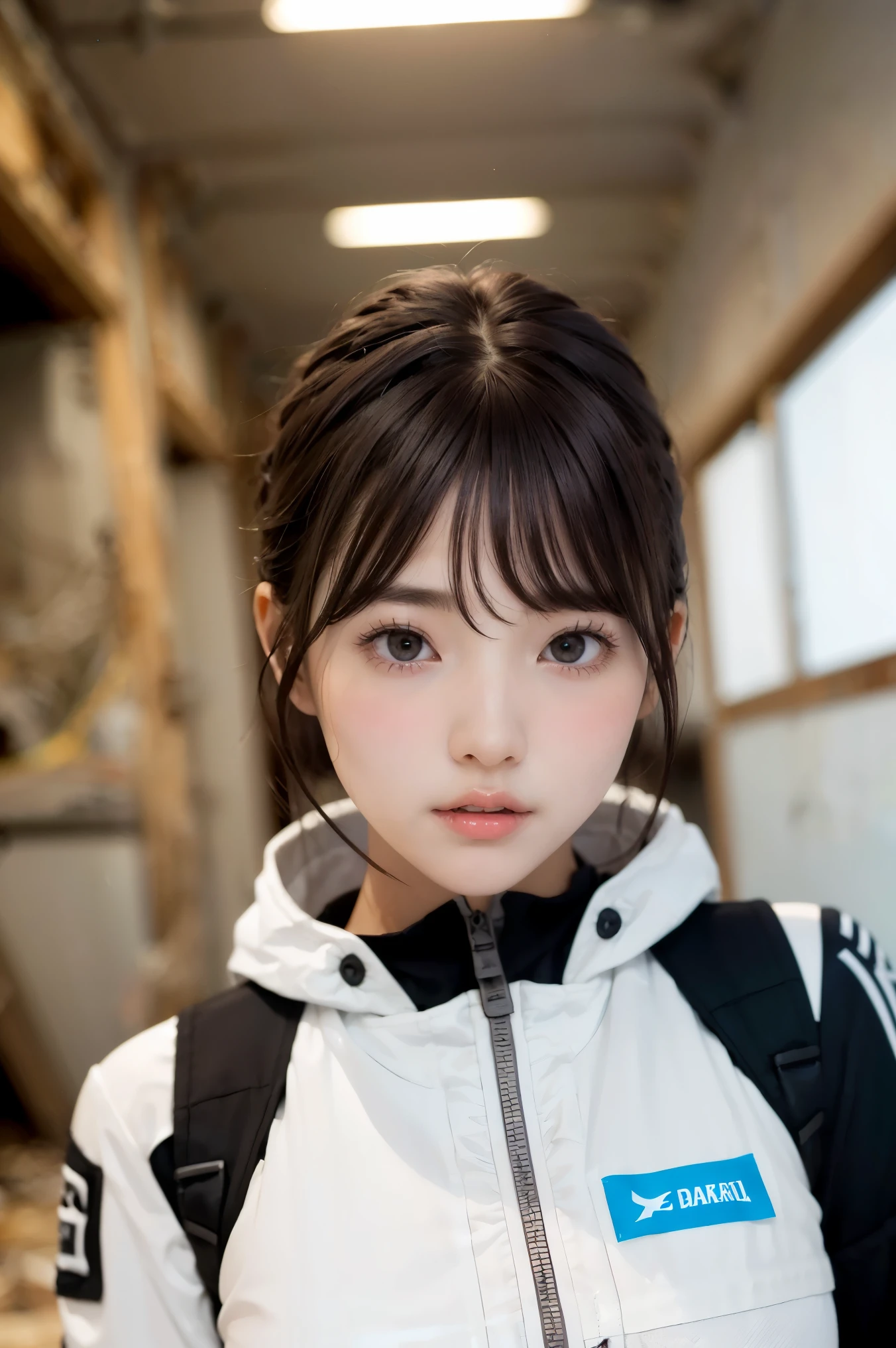 (masterpiece), (8k、Original Work 、High Quality:1.2),(realistic:1.37,(perfect anatomy),Inside an abandoned building、There is a woman in a slim spacesuit:1.6、(Please close up her face:1.6)、masterpiece, 最High Quality, contrast:1.2)、( dark hair、Dark Eyes:1.8)、Slim Japanese Women,黒い髪, White space suit, slender body,cute young girl, beautiful teen model , long hair,(The background is inside an abandoned building:1.6)、Broken steel frame、There are cracks in the wall、