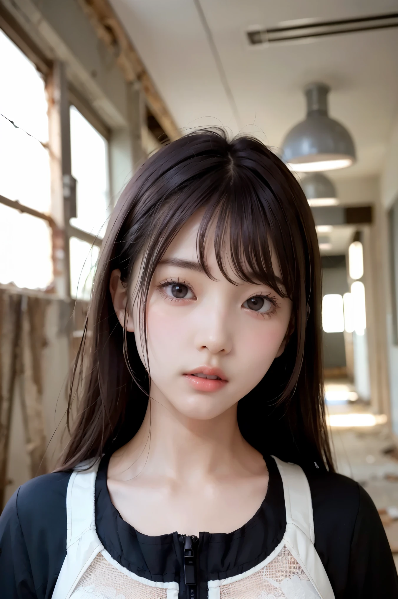 (masterpiece), (8k、Original Work 、High Quality:1.2),(realistic:1.37,(perfect anatomy),Inside an abandoned building、There is a woman in a slim spacesuit:1.6、(Please close up her face:1.6)、masterpiece, 最High Quality, contrast:1.2)、( dark hair、Dark Eyes:1.8)、Slim Japanese Women,黒い髪, White space suit, slender body,cute young girl, beautiful teen model , long hair,(The background is inside an abandoned building:1.6)、Broken steel frame、There are cracks in the wall、