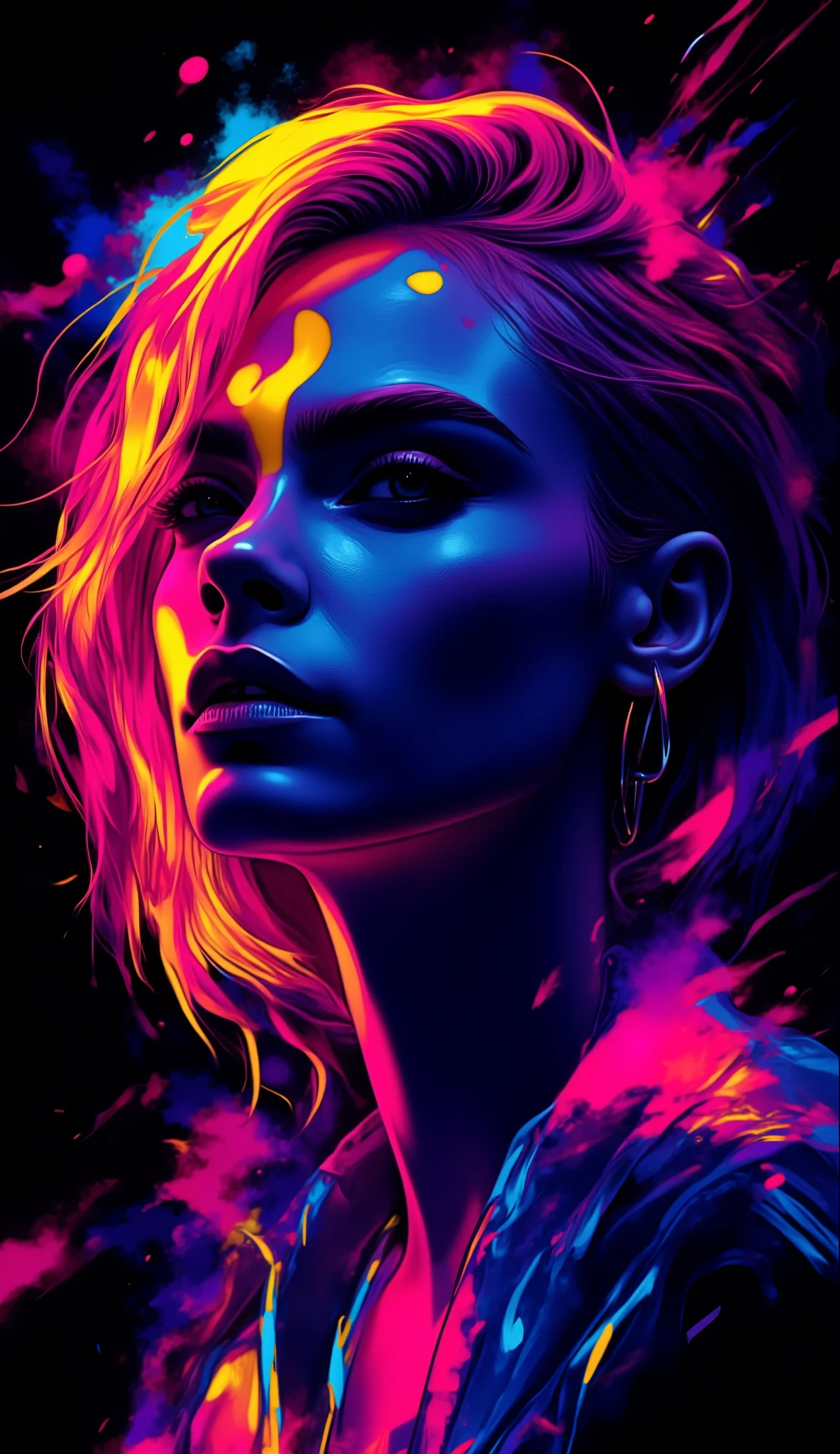 Cara delevigne ,,neon_art, Inkpunk Anime, volumetric dark colorful splash in a shape of a female cyborg halfprofile contour, natural human face, sharp facial features and jawline mixed dark colors, neon_art, Dark colors background, desktop wallpapper style, BLACK AND DARK BLUE AND red and yellow gradient colors, dark blue backlight