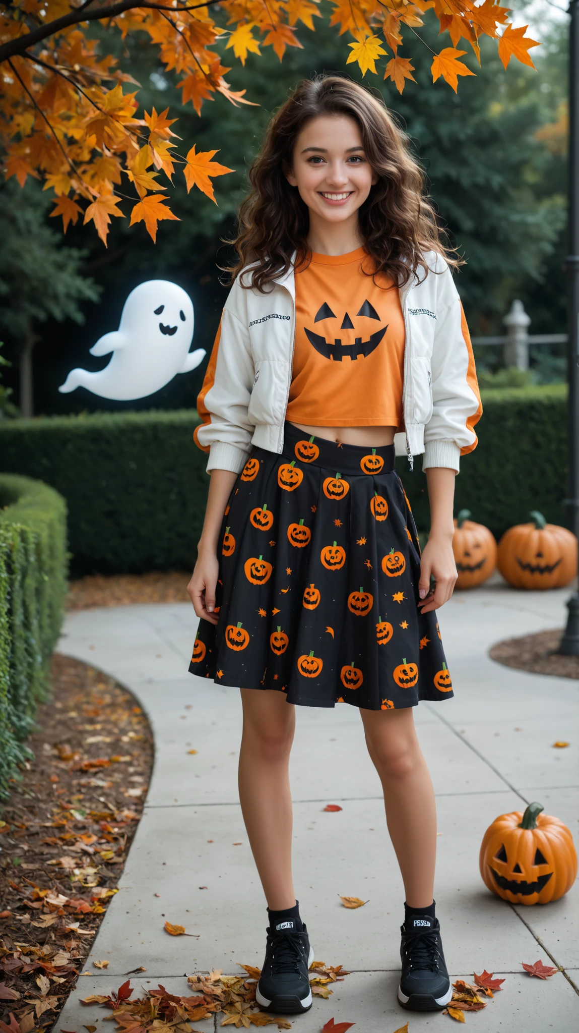 The woman wears a black sports skirt with an orange top and a light jacket with a small ghost print. She is walking through a park decorated with pumpkins and autumnal leaves, under the soft light of day. His expression is smiling and relaxed, loose hair moved by the wind, full body, REALISTIC STYLE, Halloween festive atmosphere with warm tones