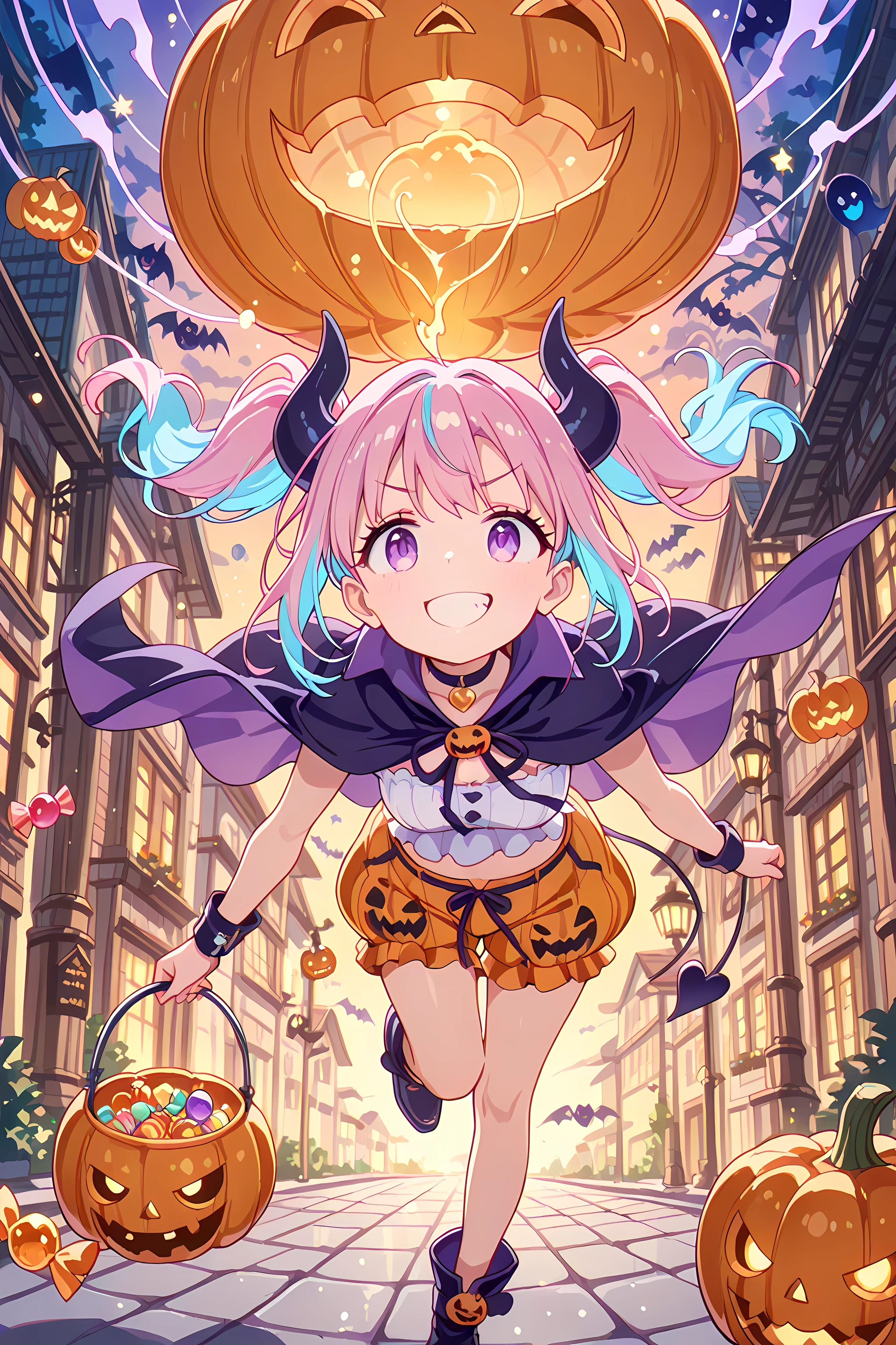 (masterpiece, best quality, ultra-detailed, 8k, cinematic motion lighting),
1girl, ((purple eye)), ((two-tone hair, pink hair, light blue hair)), twin tails, (black horn), (choker with heart charm),
wearing pumpkin shorts, ghost-themed costume with floating ribbons and glowing trim, small cape fluttering,
mid-motion running pose, holding candy-filled pumpkin bucket, scattering sweets in the air,
bright jack-o’-lanterns, floating candy, glowing bats, magical trails, soft mist,
playful grin, dynamic perspective, warm orange glow with cool purple rim, painterly microdetail, emphasis on movement and joy