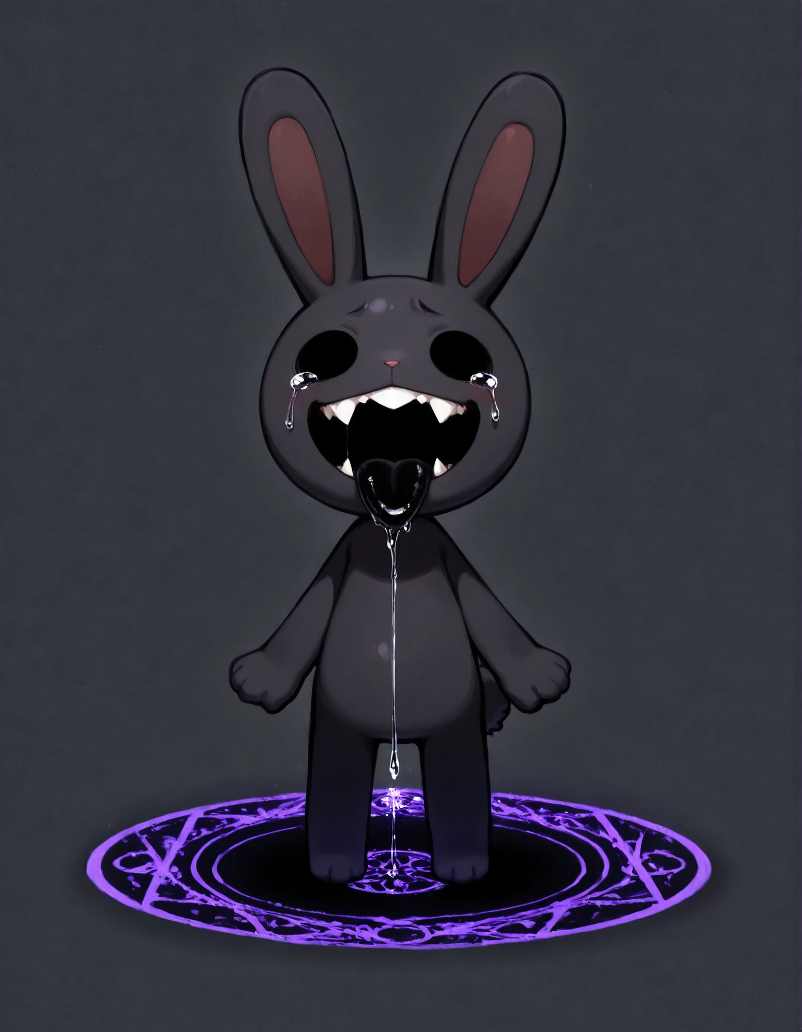 Solid black eyes, no eyes, eyes stay open, mouth opens wide, slowly waving, hip sway, hand stays up, long black tongue, black dripping ichor, very slow drip, small saliva, black tears, very small saliva, very subtle jiggle, moving background, summoning circle, demonic,, Slow movement, solid black eyes, no eyes, black tears, very small saliva drip, black saliva, furry rabbit girl, sharp fangs, wide grin, black tongue