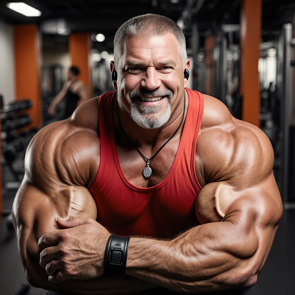 1man, (Blue Eyes), happy smile,American daddy,60 years old,Wear glasses, photo of a hansome man,,hairy body, alpha male, huge biceps, ripped abs,((face and upper body focus:1.3)), (masculine:1.4), (romantic lighting:1.3), (???? pose:1.2),（muscular：1.5），（white gold hair：1.5 ），（Body hair is gray：1.5），（Skin Wrinkles：1.5），（full body portrait：1.5），（skin glow：0.5）,a 60-year-old Mexican man working as a mechanic in an auto shop. This man is muscular and strong, with large biceps that reflect the years of physical work and dedication to the trade. His skin has a warm tone and is adorned with tattoos that tell stories of his life and passions. He sports  a T-shirt with the shop's logo, which is tight to highlight his well-defined muscles. His arms are imposing and powerful, showing his skill and ability in his work as a mechanic. In one hand, he holds a wrench, while with the other, he shows a friendly and genuine smile. His gaze is full of wisdom and experience, a result of years of work in the automotive industry. The auto shop is He finds himself in an environment full of tools and vehicles, with engines and wheels in the background, which highlights his passion for his craft, behind(( On a wall there is a poster of a blonde woman, with ??????????????, ???? in a ??????)), wearing black colors micro thon,pale skin, skinny, good lighting, very pale skin, light skin, model with attractive body,medium bulge and medium butts,(Best quality, 8k, Masterpiece). High Detail , superior quality, natural lighting, beautiful, ????, correct ???????, good composition,realistic shapes, realistic skin tones,Natural eyes,realistic eyes,looking up at viewer,vpl,realistic muscles,Realistic wrinkles on the skin,Realistic arms and legs,Realistic face,realistic hair,Make a ???? and seductive face, man focus,amazing composition, front view, HDR, volumetric lighting, ultra quality, elegant,Post a ?????????????????,Realistic pose,detailed hair,full body,Fujifilm XT3 photorealistic art by midjourney