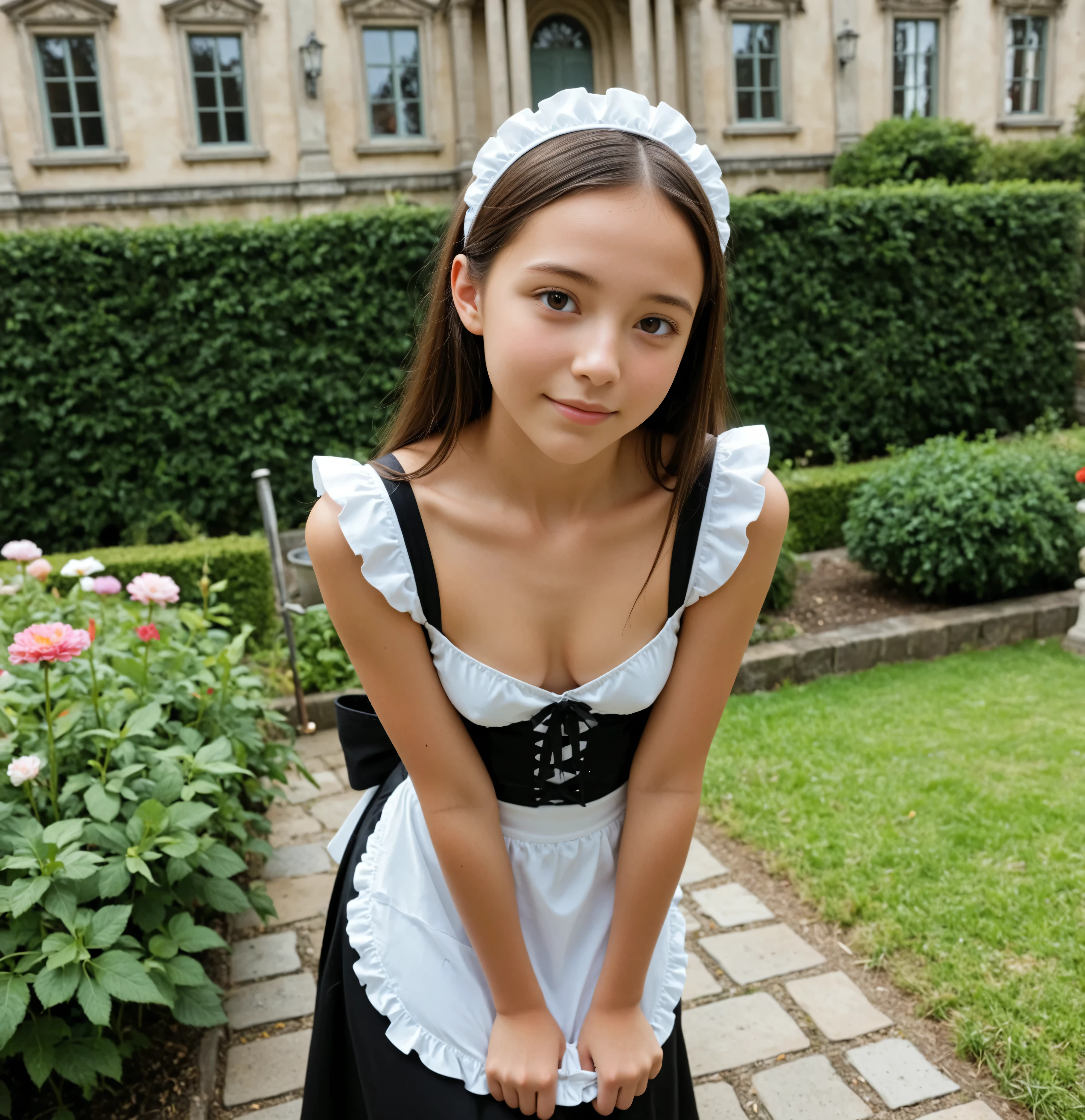 1 Girl、maids,Look at the audience,(skinny:0.65),(younger:1.13),from above,lean forward,(big boobs:-0.18),is watering flowers outside the mansion,japanese,(smile Yang:0.17),My left hand is touching my crotch