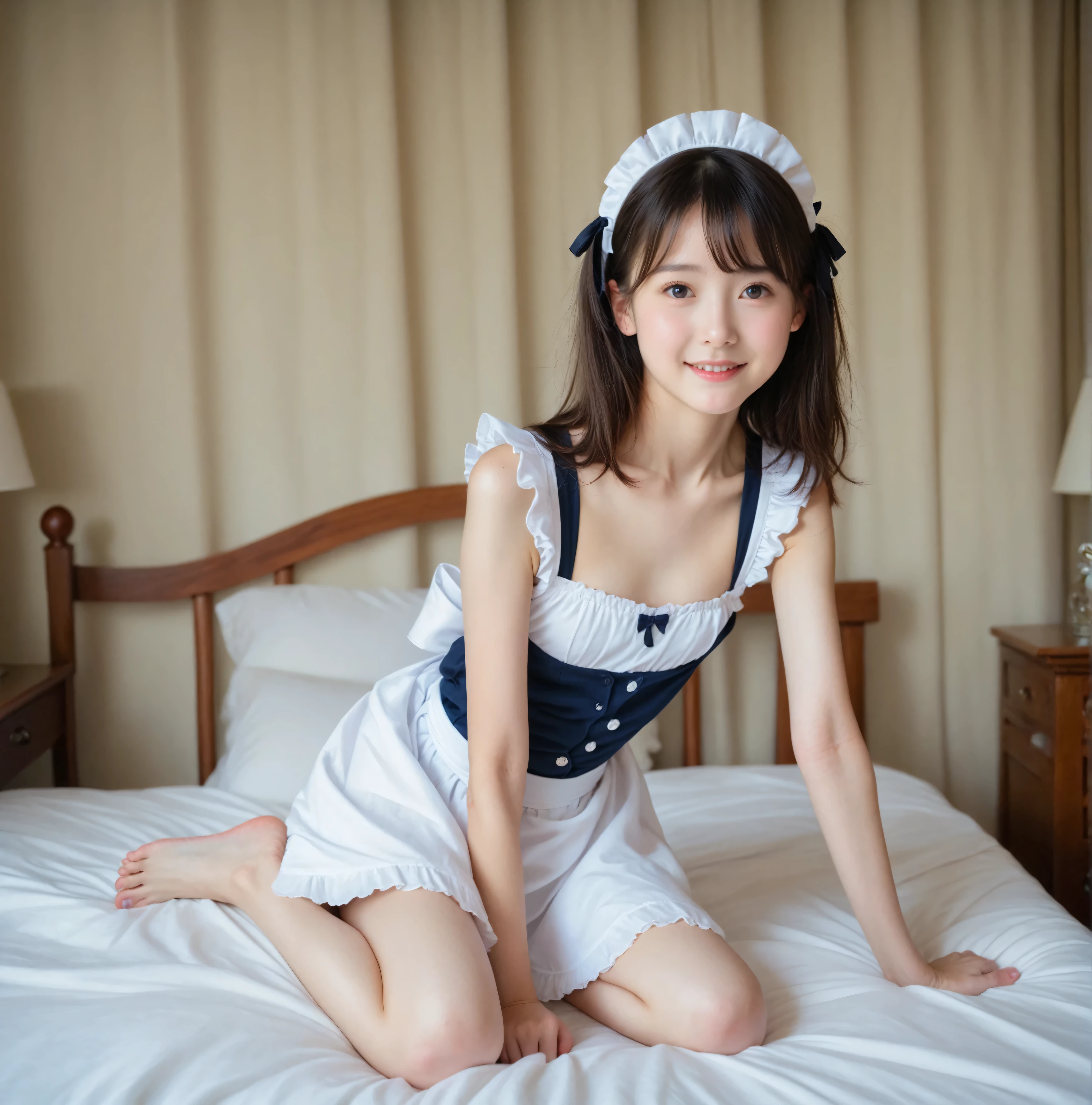 cute girl,かわいいyounger女の子,slender,short,skinny,slender body,younger,skinny,score_9,maid clothes on the side,realistic,masterpiece,college students,small breasts,japanese,white skin, thin shoulders,thin arm,Narrow Shoulder, Leg hair ,High Fine